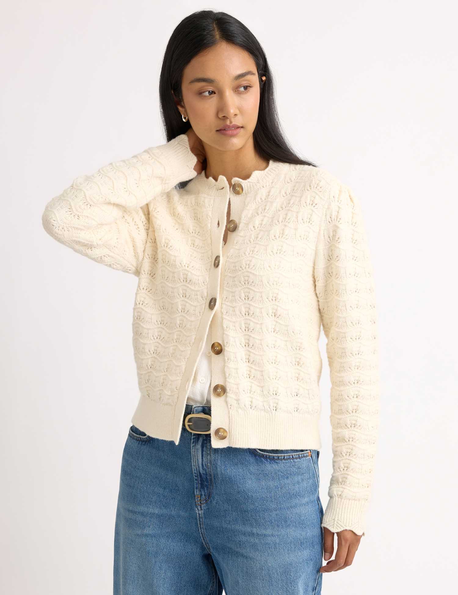 Albaray Cotton Rich Pointelle Puff Sleeve Cardigan Cream