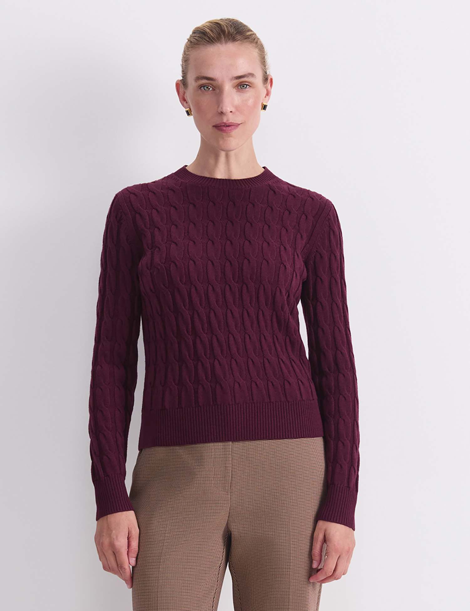 Sportscraft Pure Merino Wool Cable Knit Crew Neck Jumper Purple