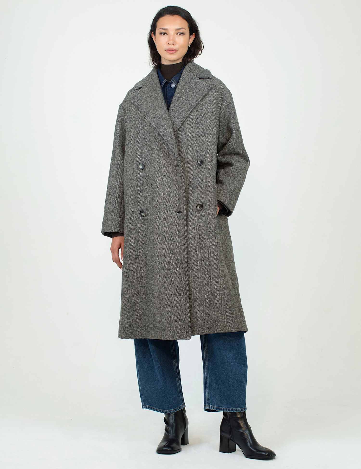 Albaray Wool Blend Herringbone Collared Longline Coat Grey Mix
