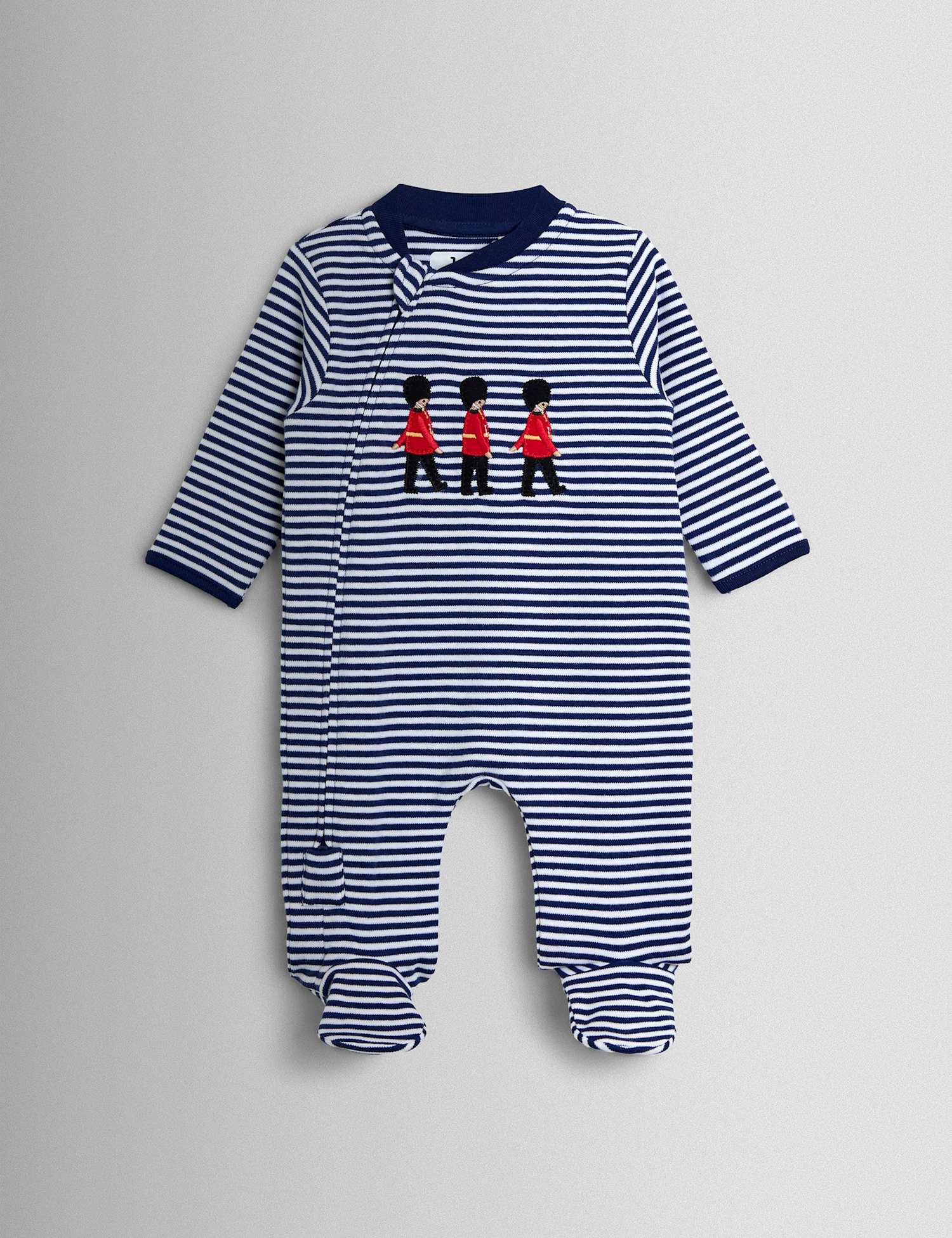 JoJo Maman B�b� Pure Cotton Striped Soldier Zip Sleepsuit (7lbs-18 Mths) Navy