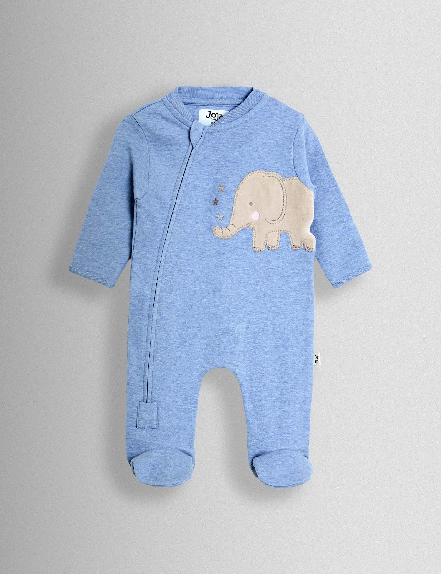 JoJo Maman B�b� Pure Cotton Elephant Applique Zip Sleepsuit (7lbs-18 Mths) Blue