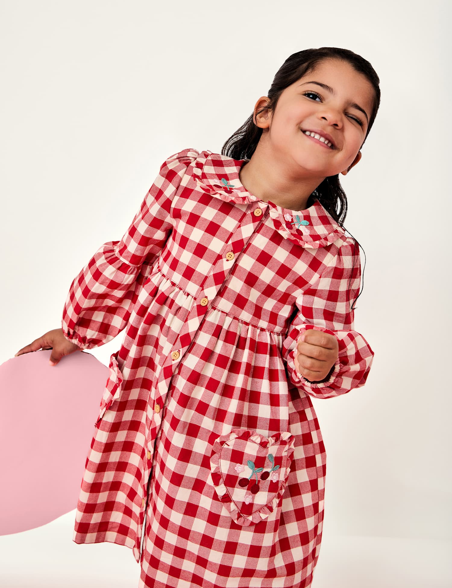 JoJo Maman B�b� Pure Cotton Checked Heart Pocket Dress (1-5 Yrs) Red Mix