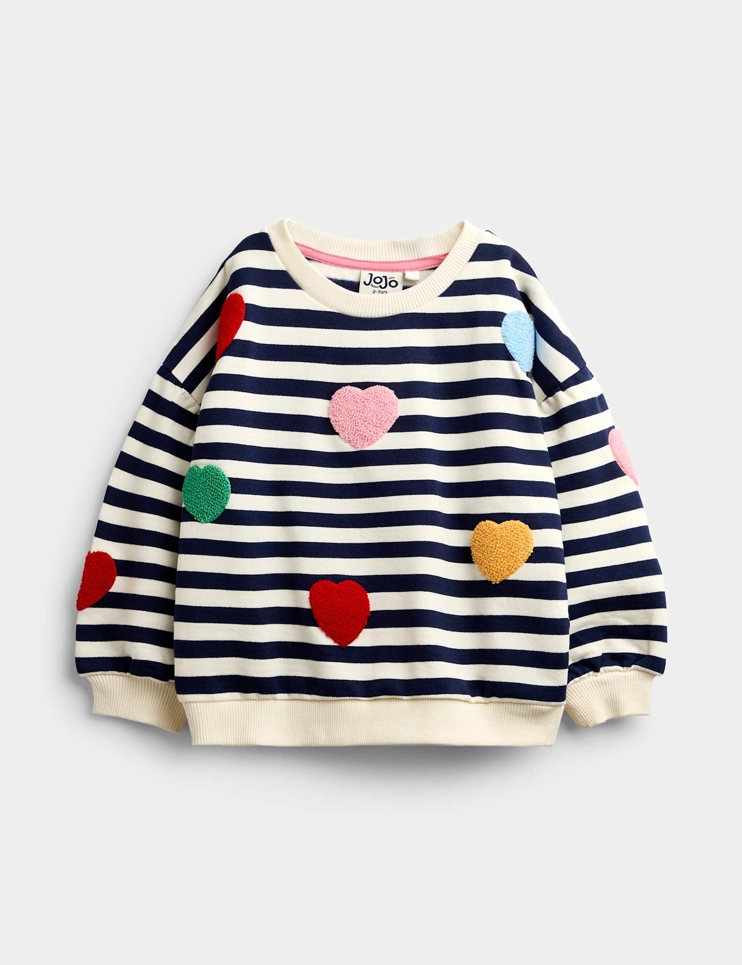 JoJo Maman B�b� Pure Cotton Striped Boucle Heart Sweatshirt (1-5 Yrs) Blue Mix