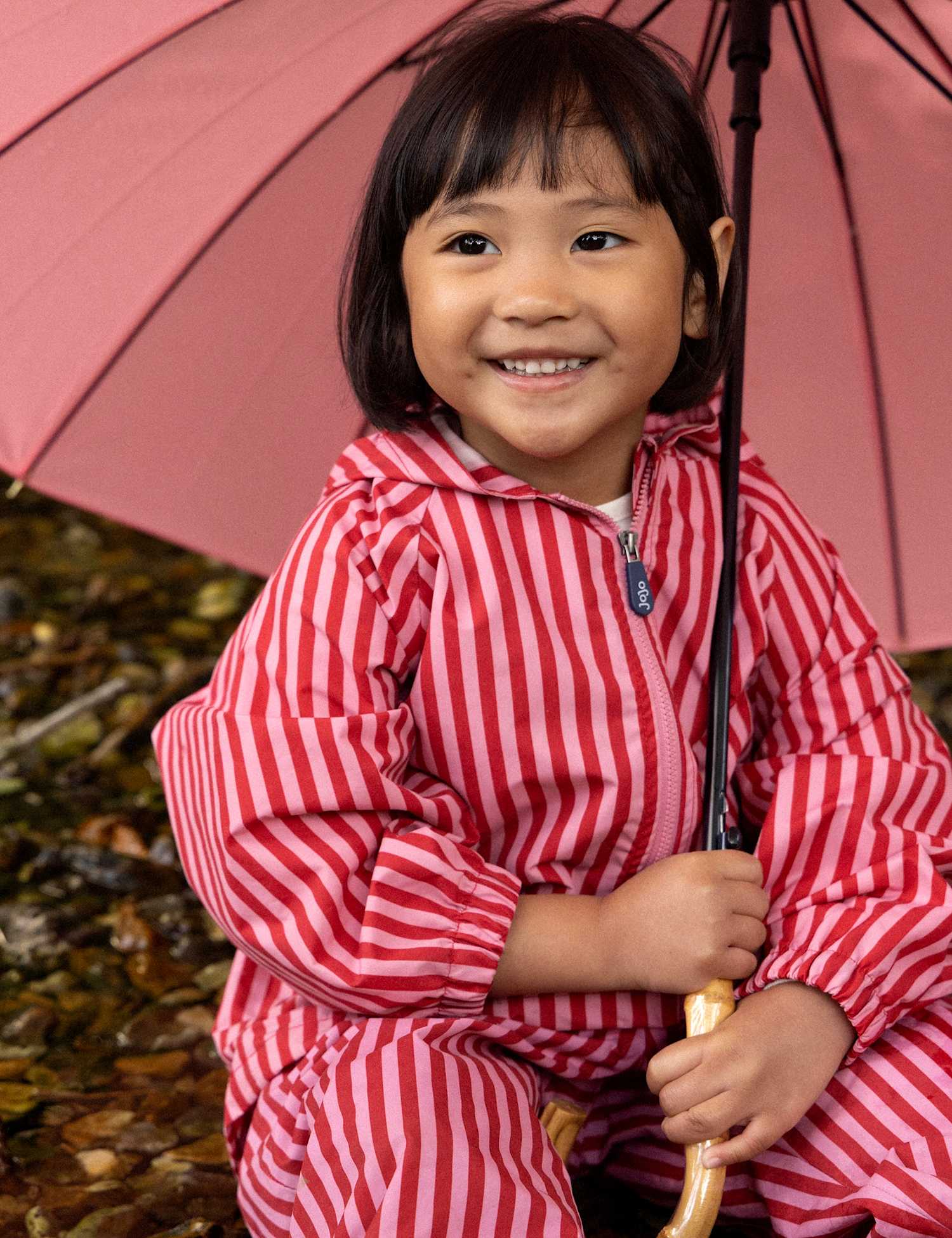 JoJo Maman B�b� Striped Waterproof Hooded Packaway Jacket (1-6 Yrs) Pink