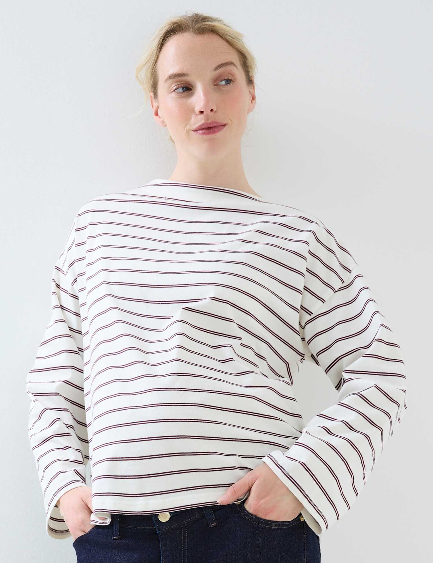 JoJo Maman B�b� Pure Cotton Striped Oversized T-Shirt Burgundy