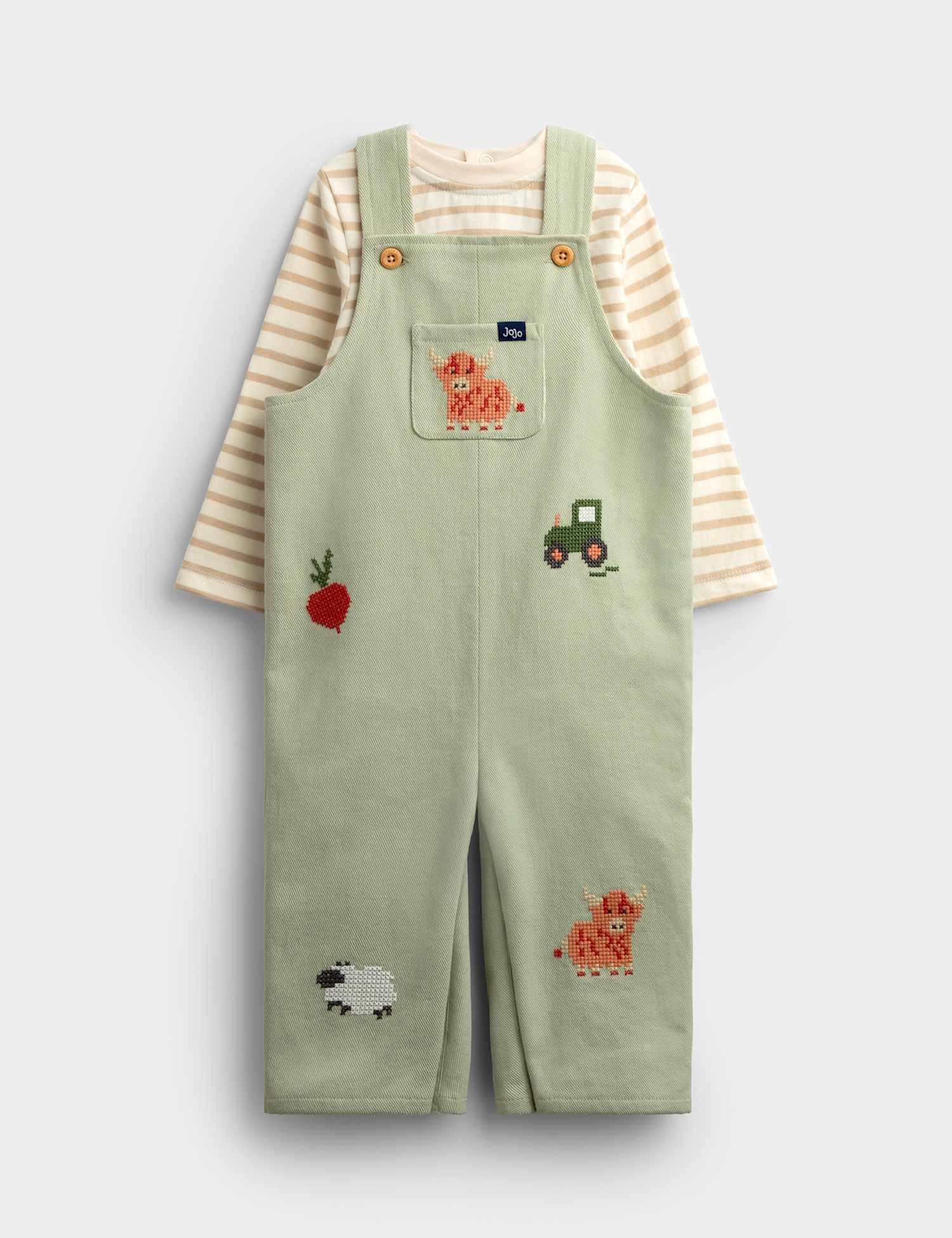 JoJo Maman B�b� 2pc Pure Cotton Embroidered Dungarees Green