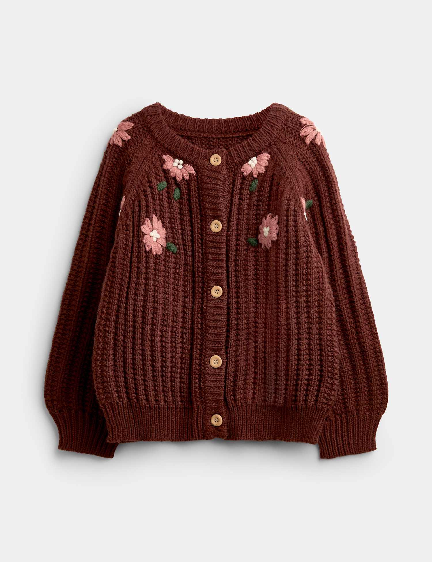 JoJo Maman B�b� Flower Embroidered Ribbed Cardigan Brown