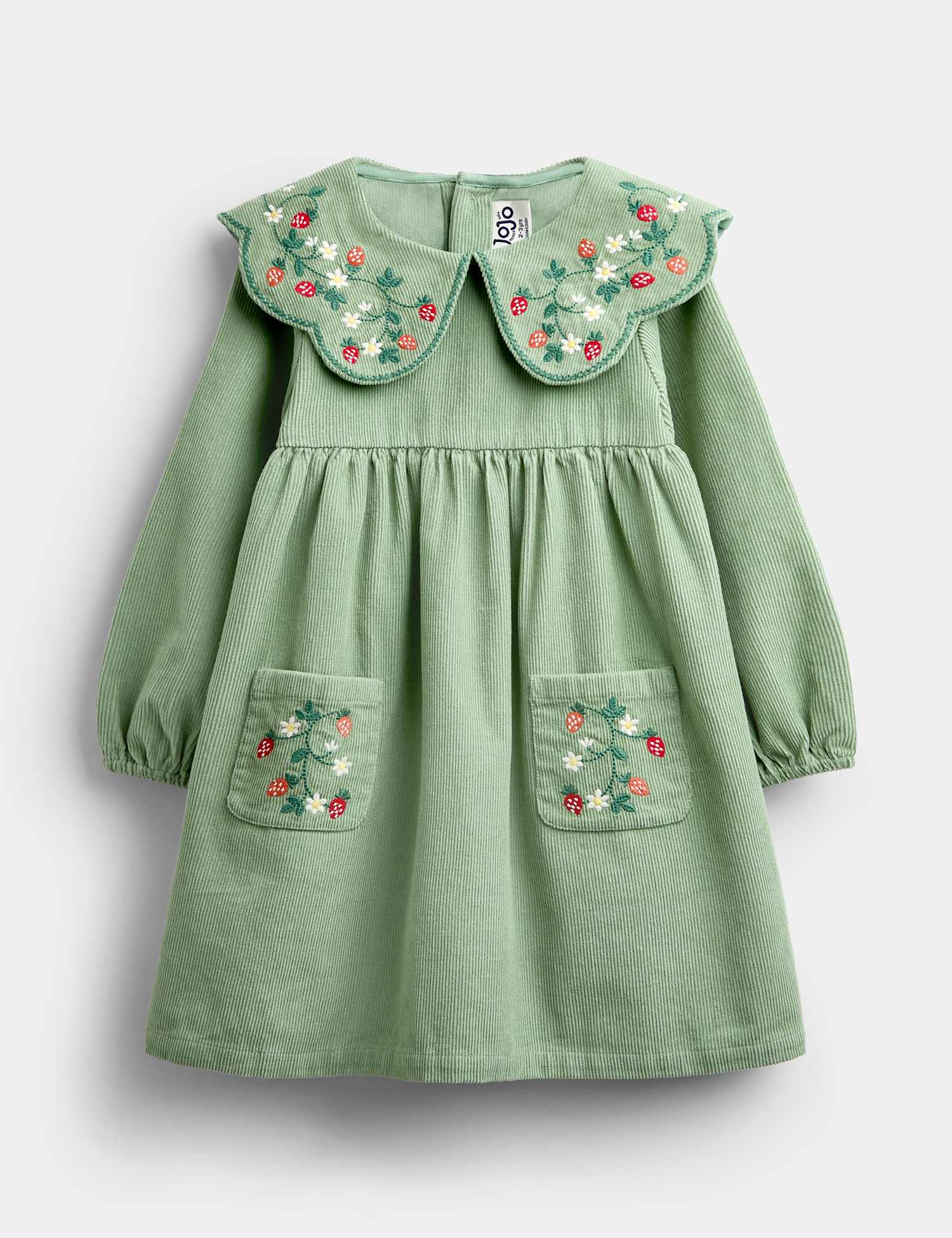 JoJo Maman B�b� Pure Cotton Strawberry Embroidered Dress (1-5 Yrs) Green