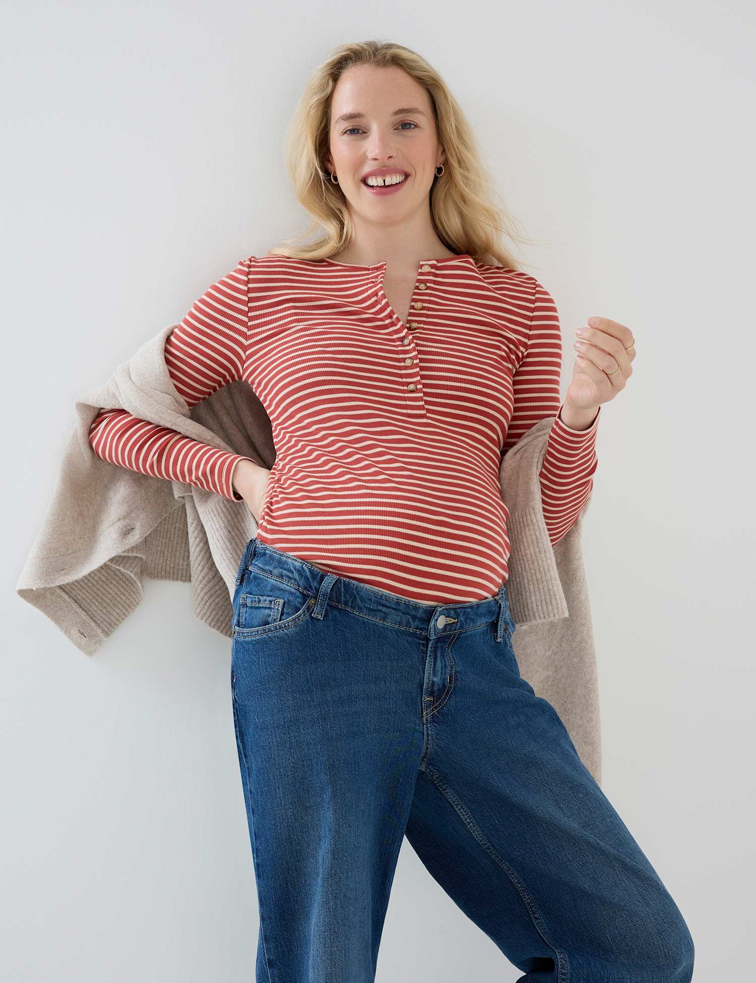 JoJo Maman B�b� Maternity Nursing Striped Ribbed Top Orange Mix