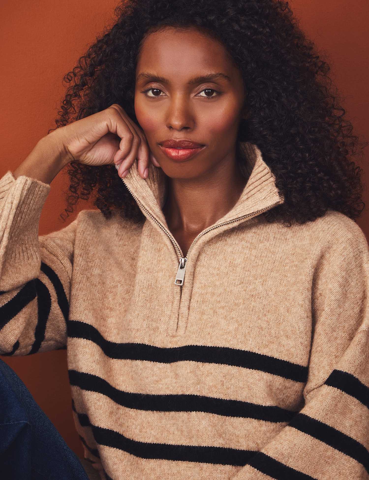 JoJo Maman B�b� Maternity Nursing Striped Zip Neck Jumper Natural Mix
