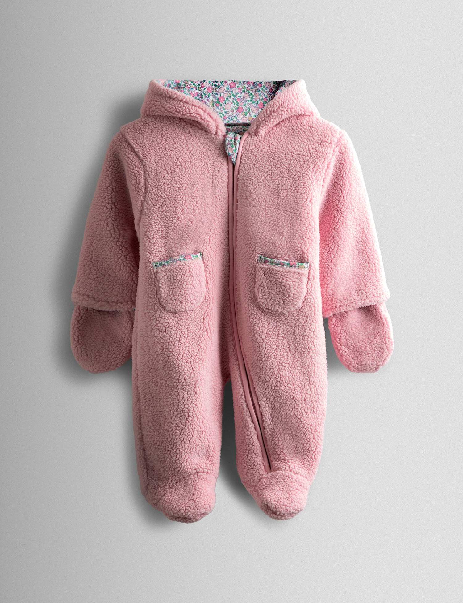 JoJo Maman B�b� Borg Floral Mouse Hooded Pramsuit (0-12 Mths) Pink