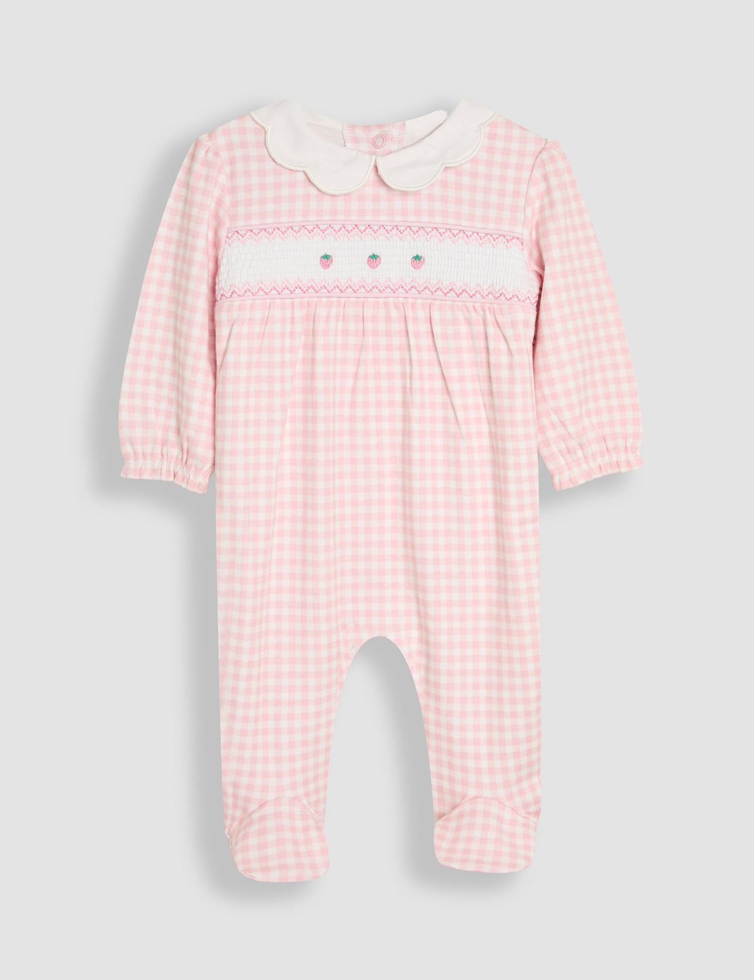 JoJo Maman B�b� Pure Cotton Checked Strawberry Sleepsuit (0-12 Mths) Pink Mix