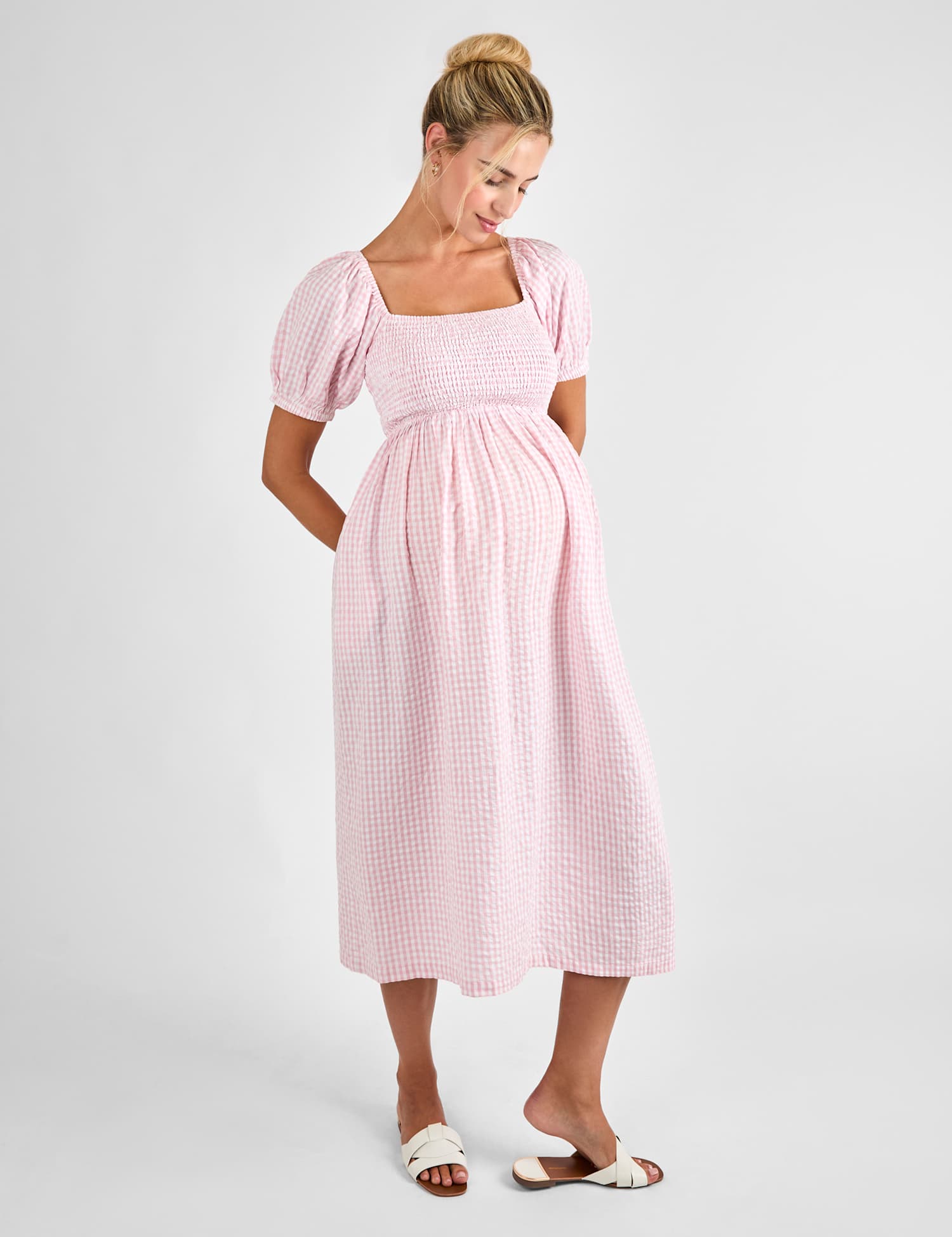 JoJo Maman B�b� Maternity Pure Cotton Gingham Midi Smock Dress Pink Mix