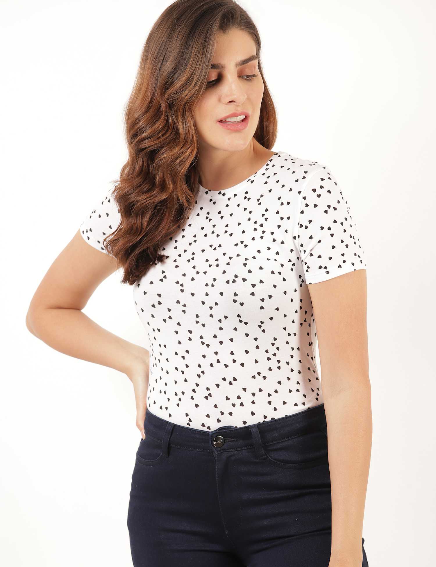 M&S Cotton Floral Crew Neck Fitted T-Shirt White Mix