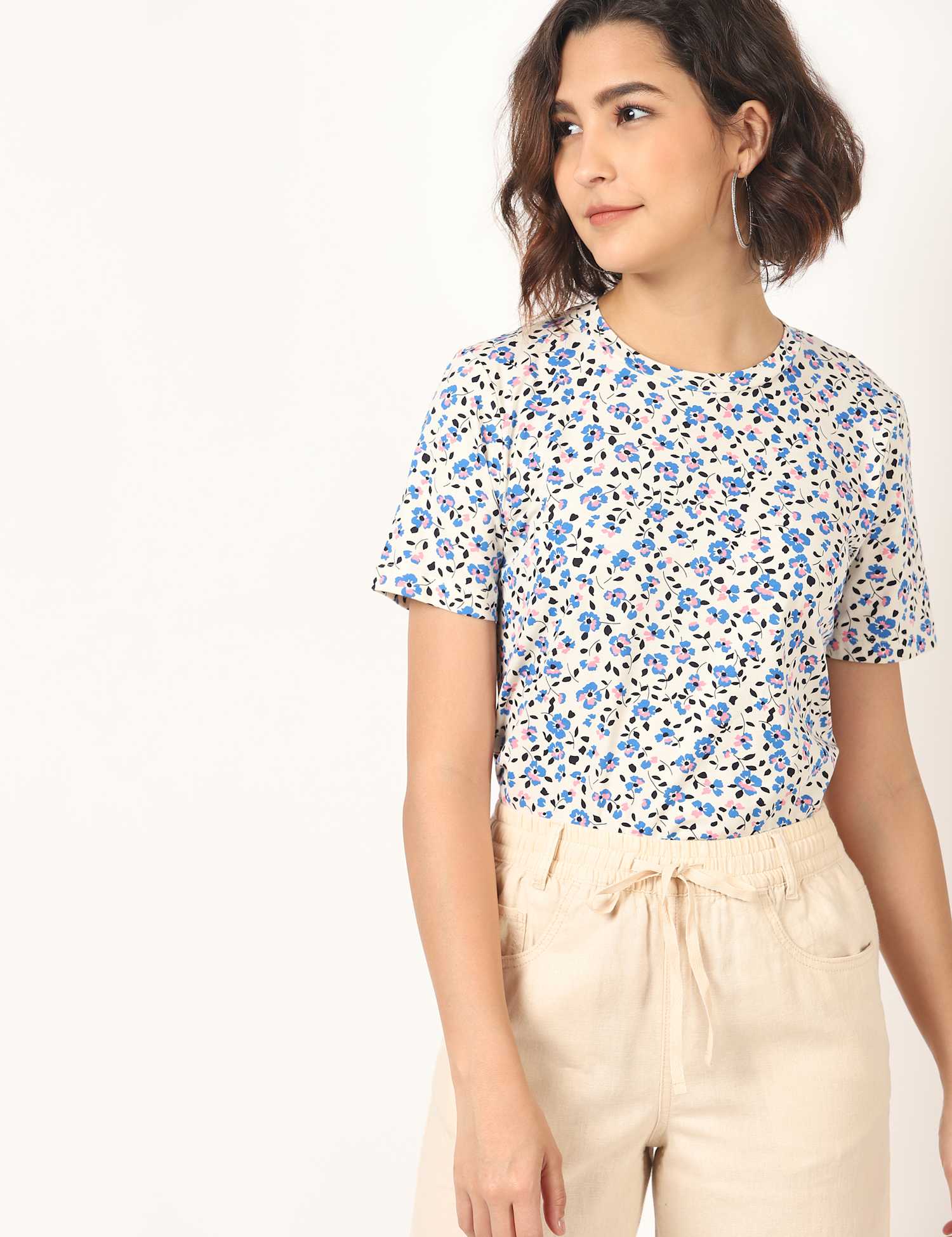 M&S Pure Cotton Floral Straight Fit T-Shirt Blue Mix
