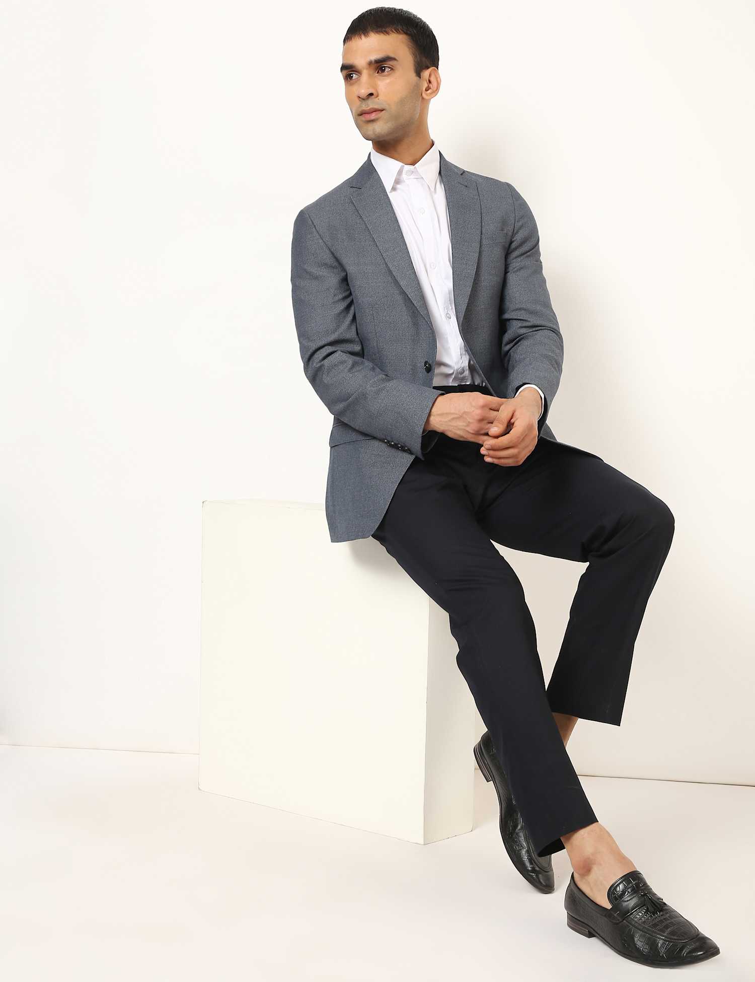 M&S PV BLEND GRINDLE TEXTURED BLAZER Denim Mix