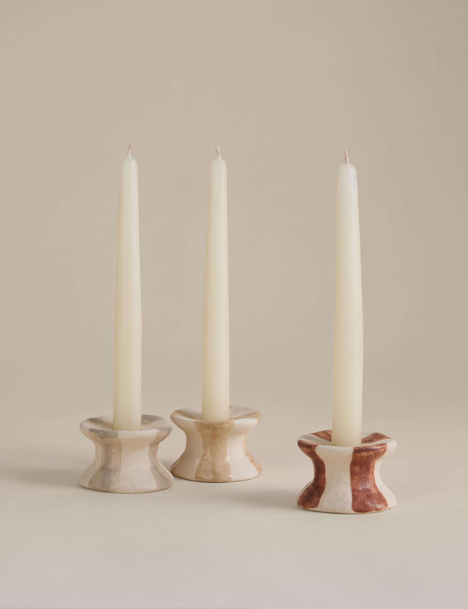 M&S 3 Pack Striped Ceramic Dinner Candle Holders Multi