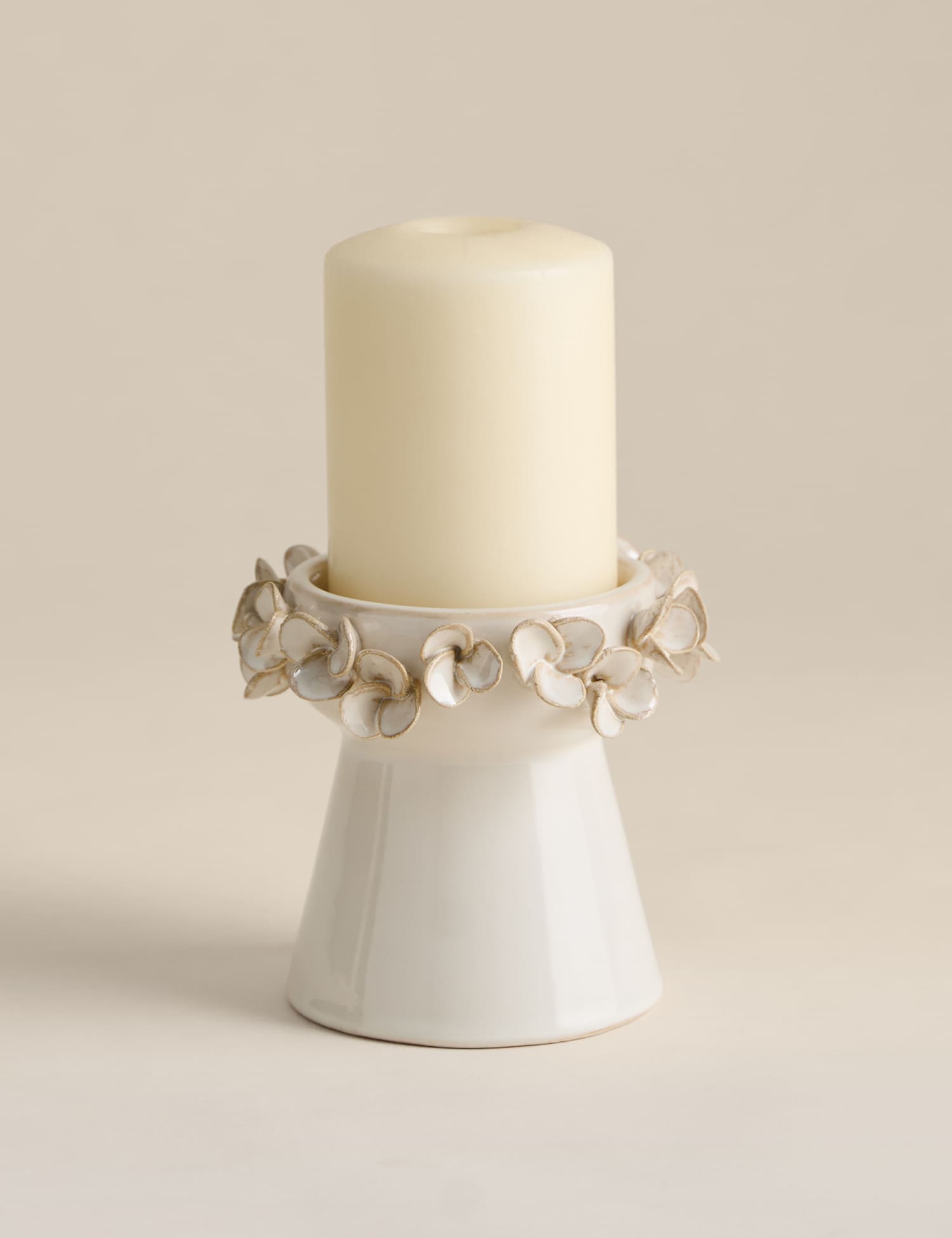 M&S Petal Ceramic Pillar Candle Holder Soft White