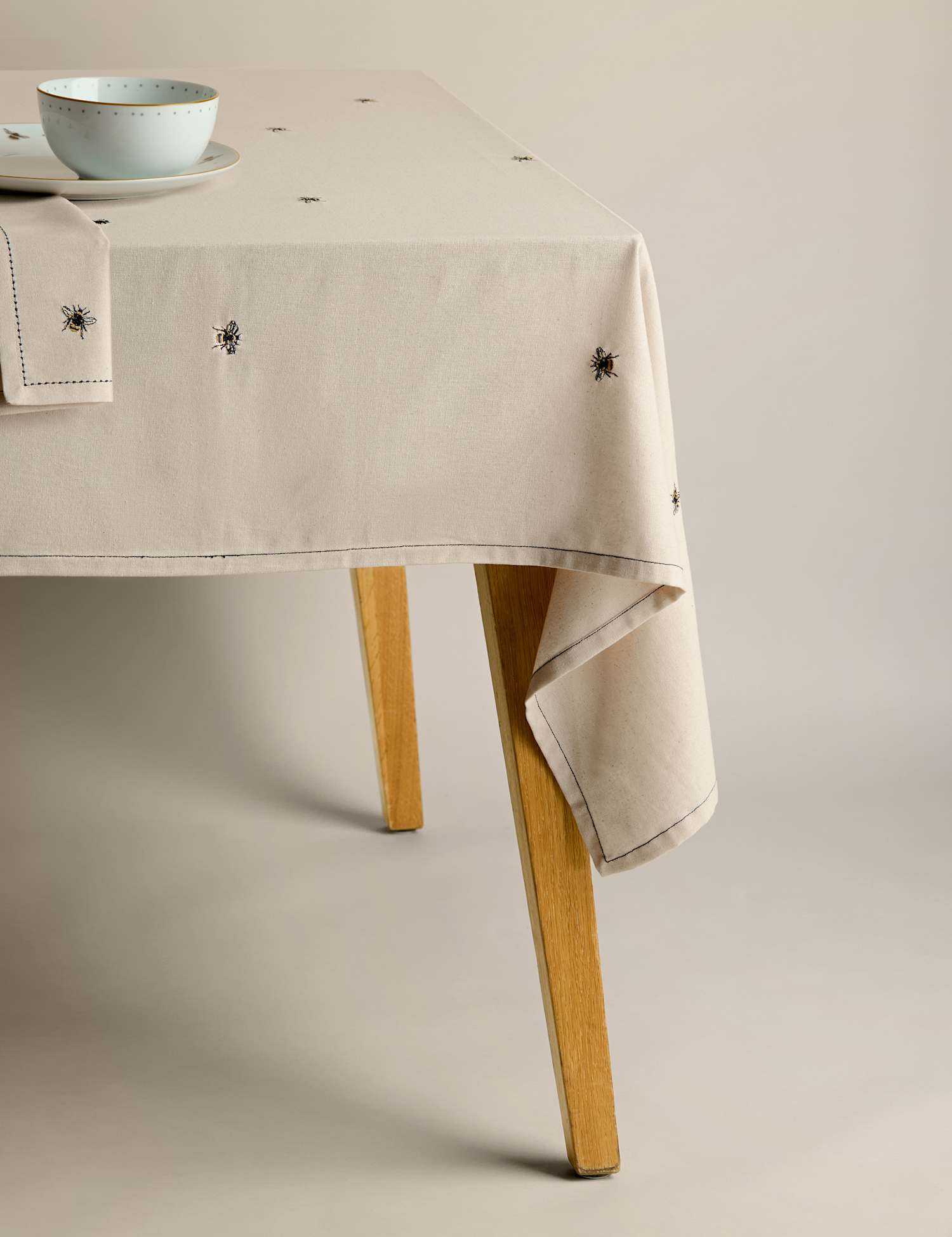 M&S Pure Cotton Bee Embroidered Tablecloth Natural