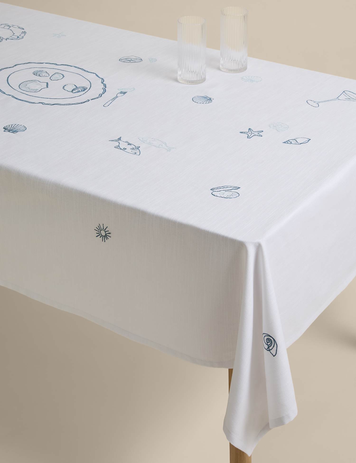 M&S Pure Cotton Coastal Embroidered Tablecloth Blue Mix