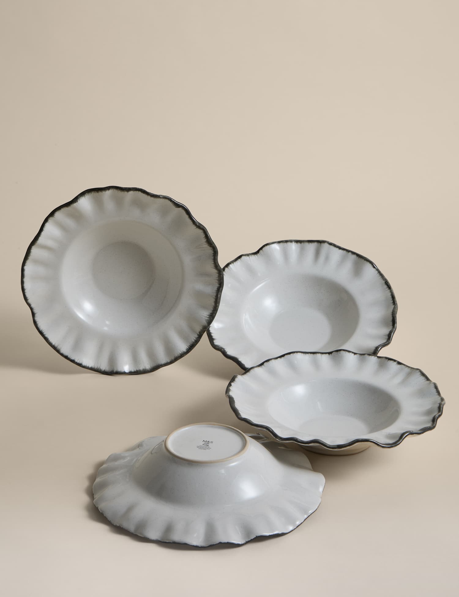 M&S Set of 4 Ruffle Stoneware Pasta Bowls Cream Mix
