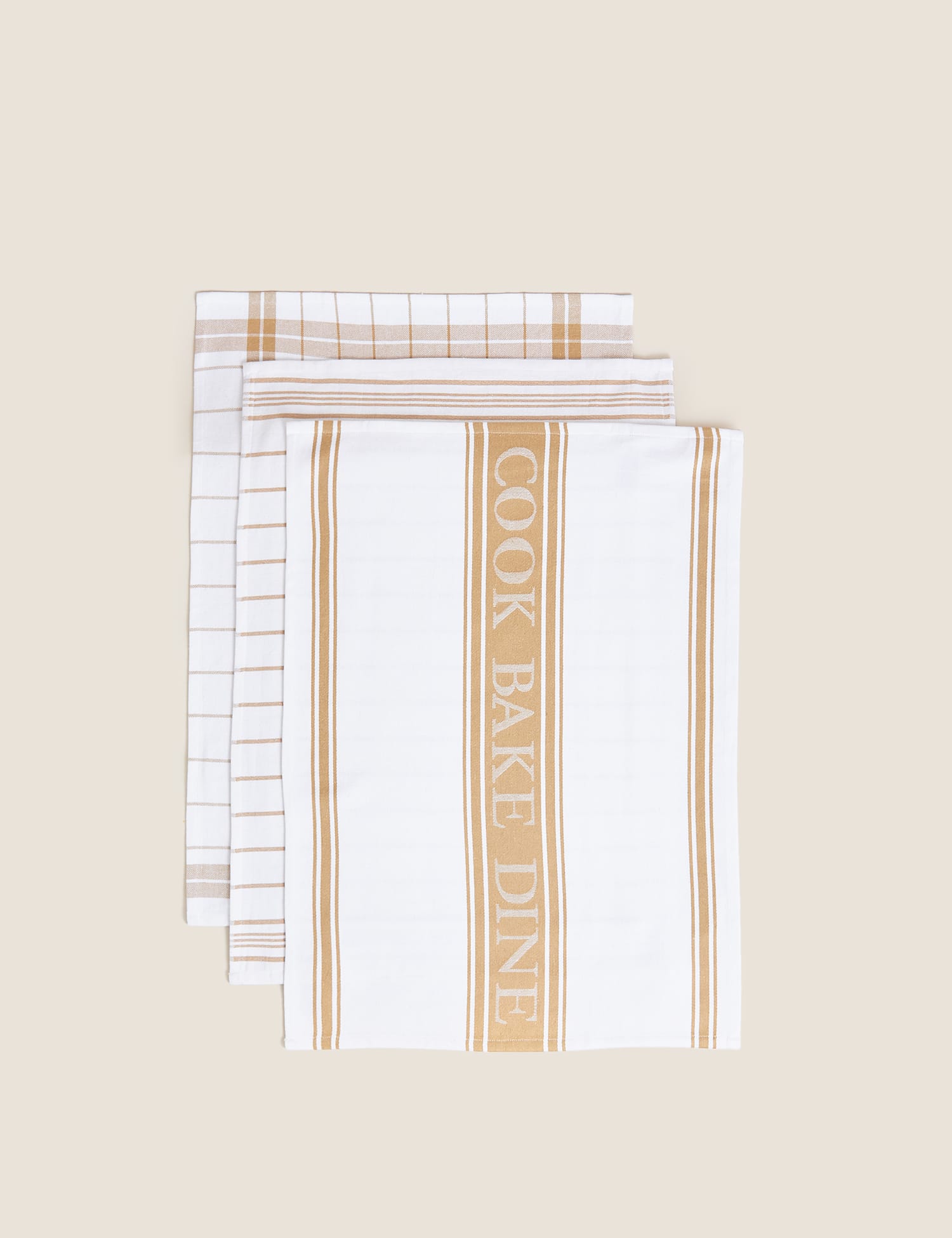 M&S Set of 3 Cotton Rich Striped Tea Towels Neutral