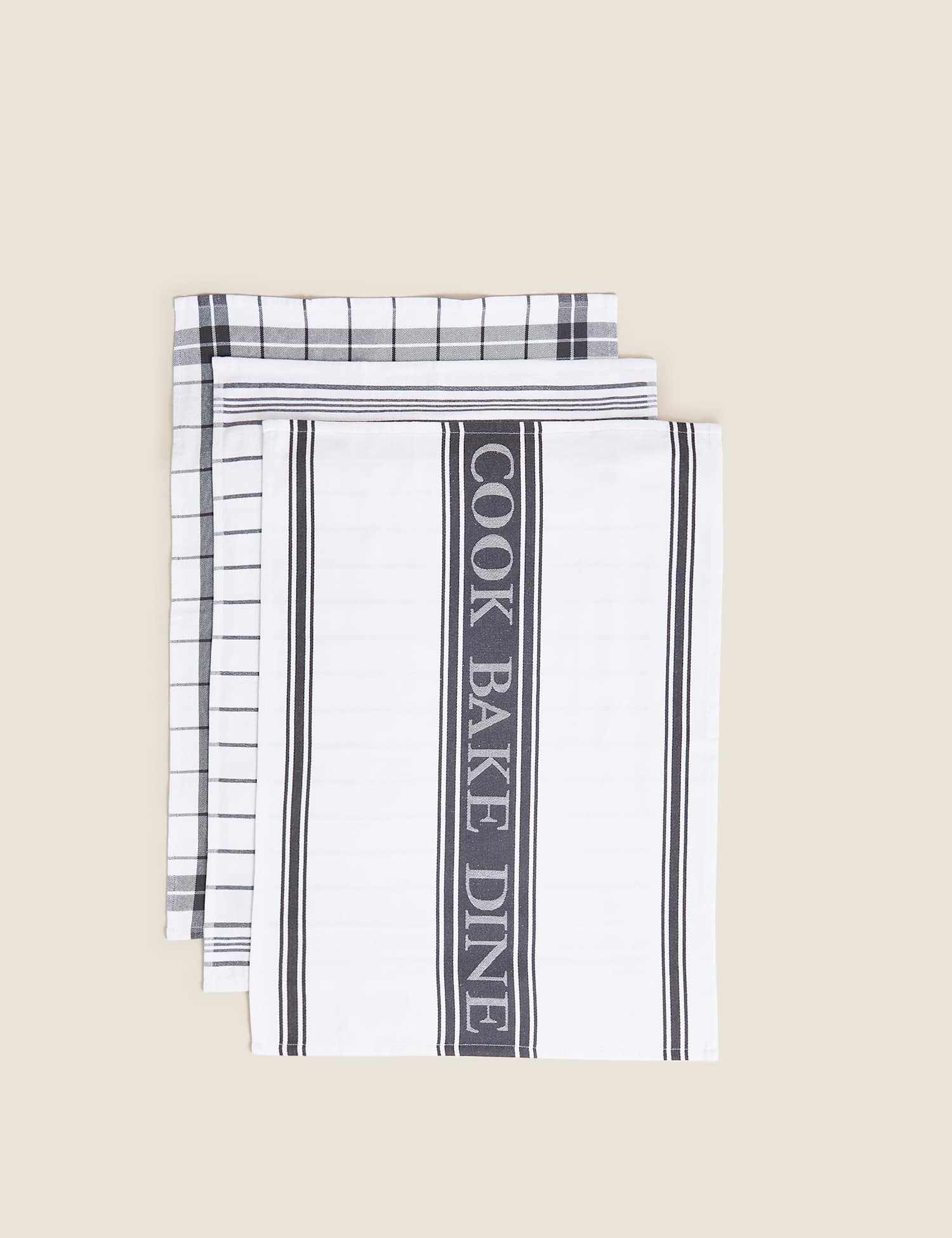 M&S Set of 3 Cotton Rich Striped Tea Towels Dark Grey