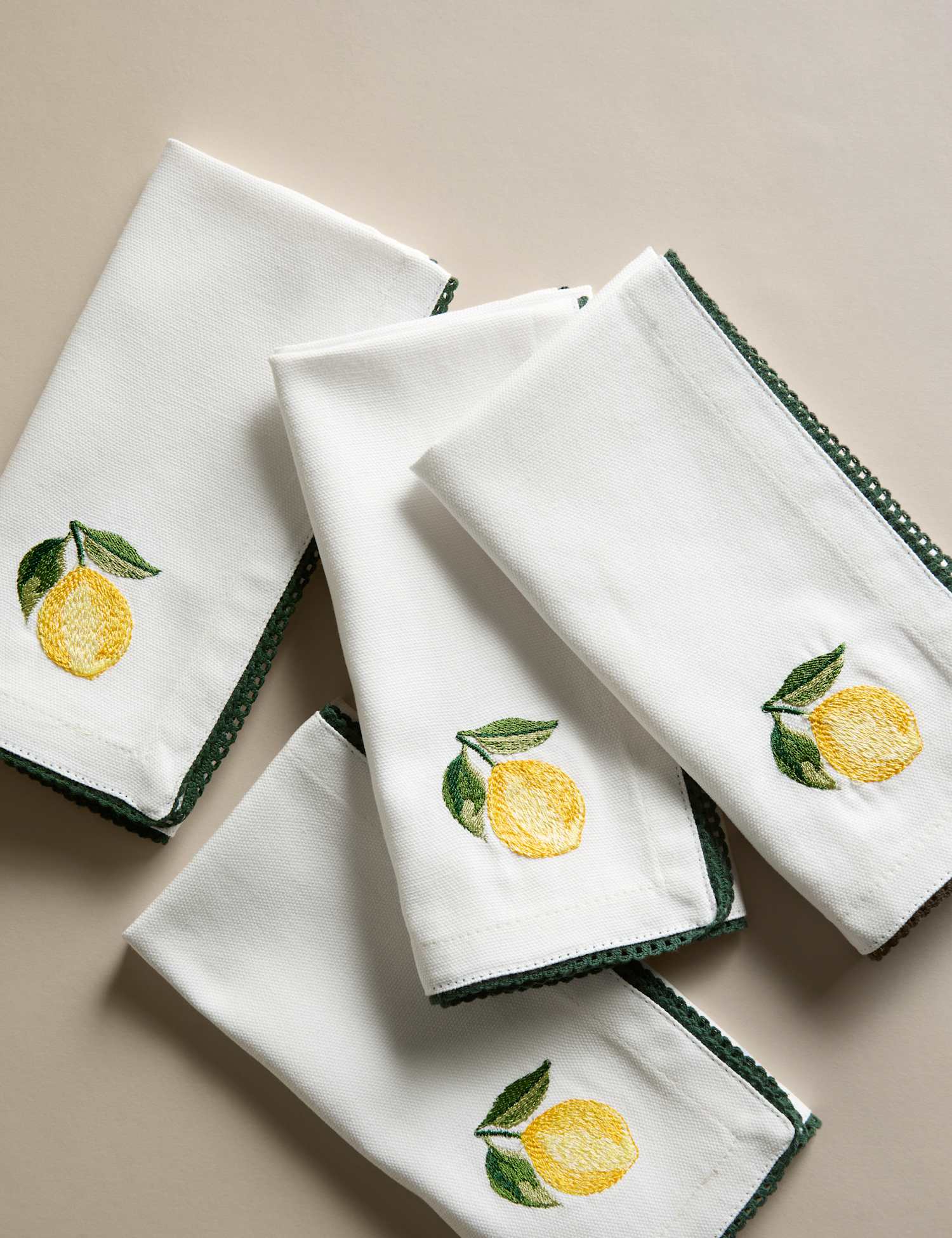 M&S Set of 4 Pure Cotton Lemon Embroidered Napkins Yellow Mix