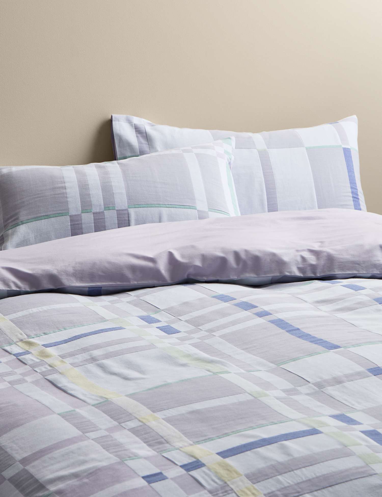 M&S Pure Cotton Abstract Checked Bedding Set Lilac Mix
