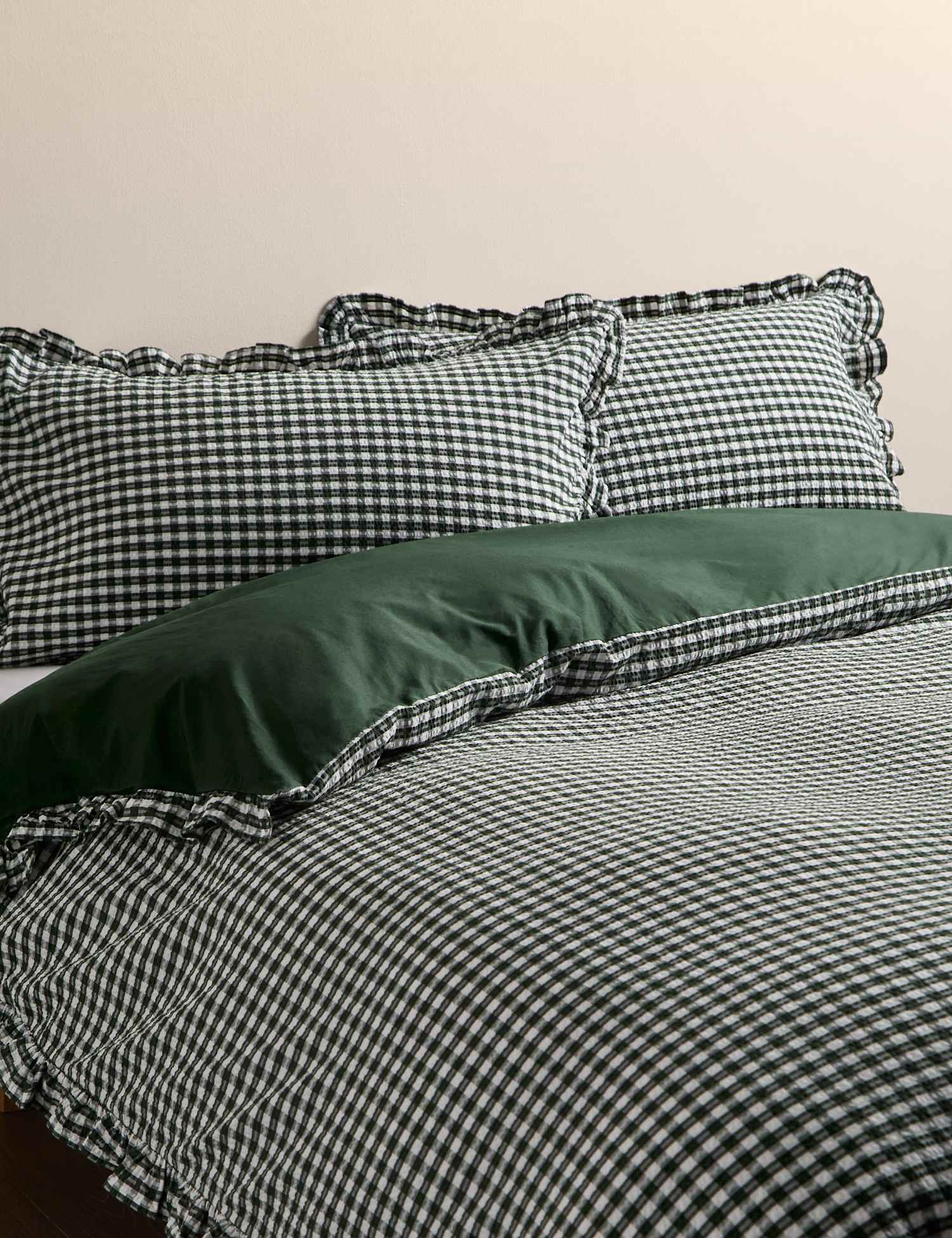 M&S Pure Cotton Gingham Ruffle Bedding Set Green