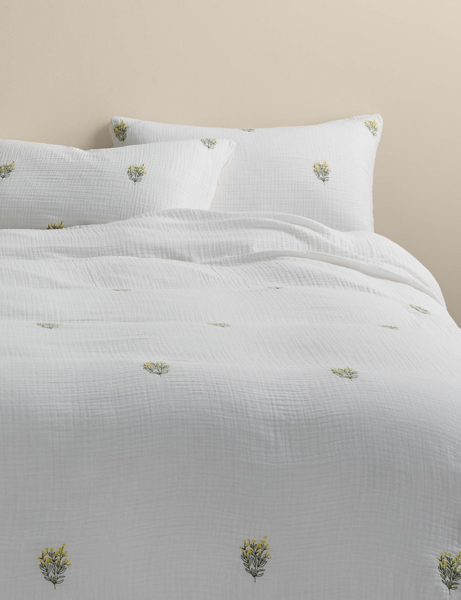 M&S Pure Cotton Muslin Floral Sprig Bedding Set Yellow Mix