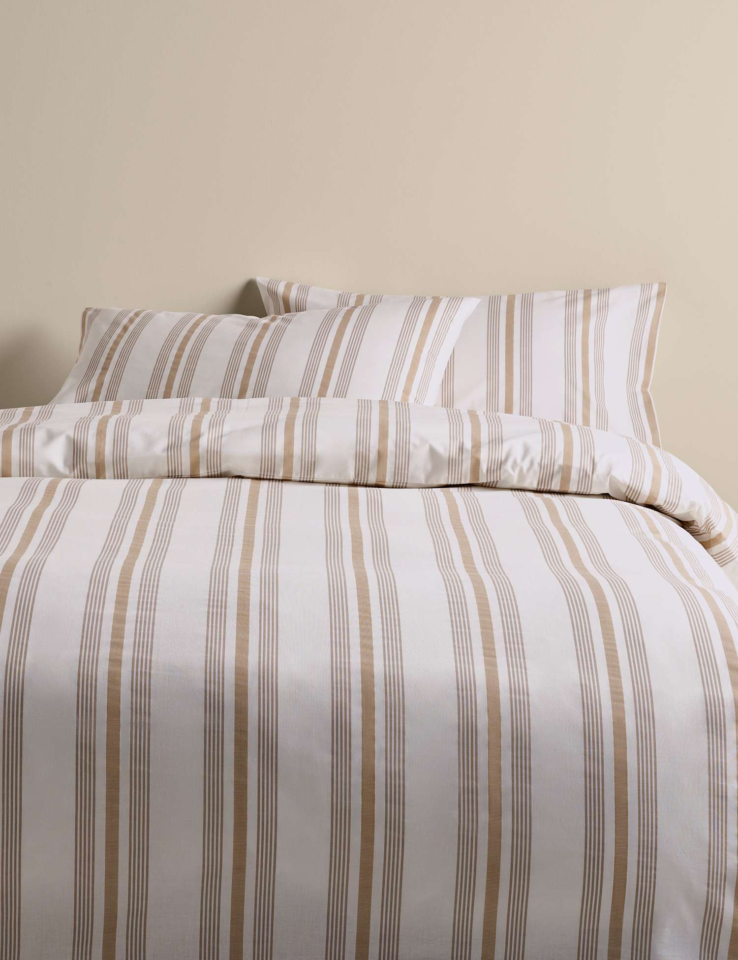 M&S Pure Cotton Striped Bedding Set Biscuit