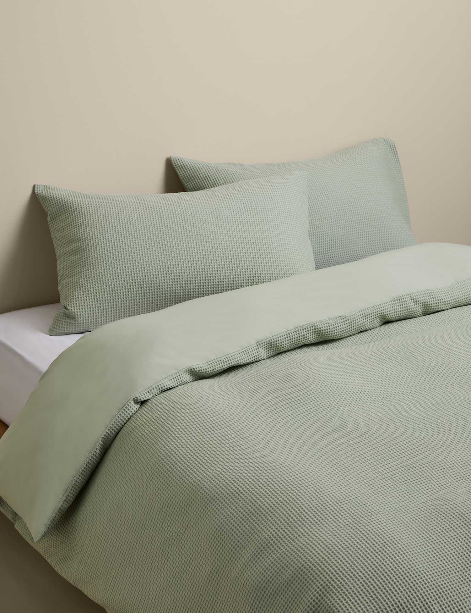 M&S Washed Cotton Waffle Bedding Set Sage