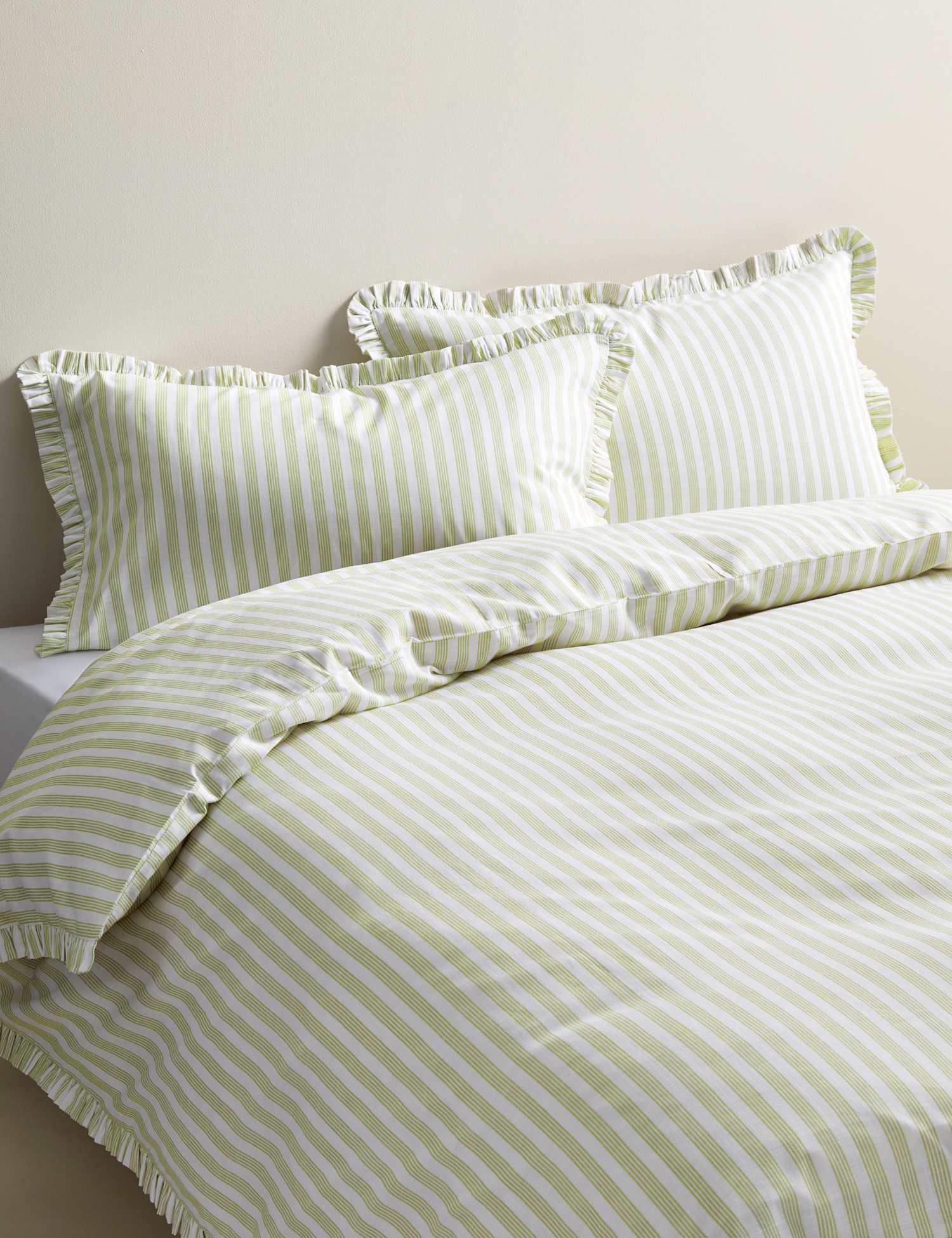 M&S Pure Cotton Narrow Stripe Ruffle Bedding Set Green Mix