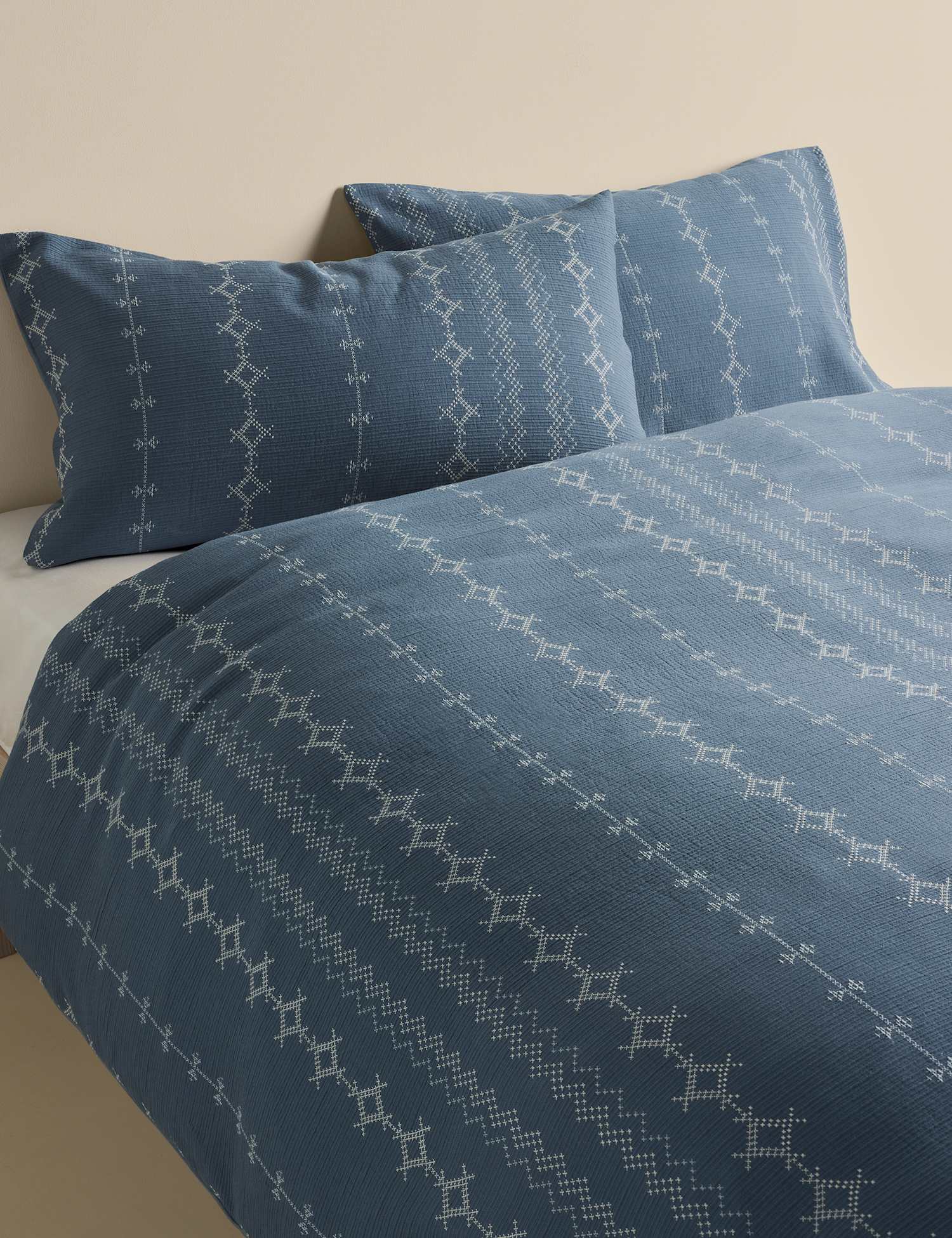 M&S Pure Cotton Cross-Stitch Jacquard Bedding Set Slate Blue