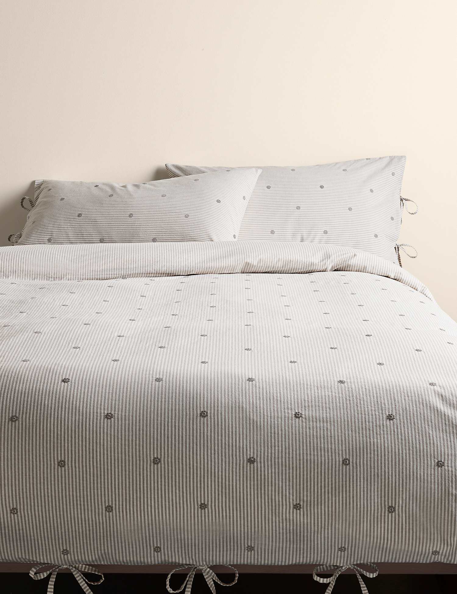 M&S Pure Cotton Striped Embroidered Bedding Set Marble