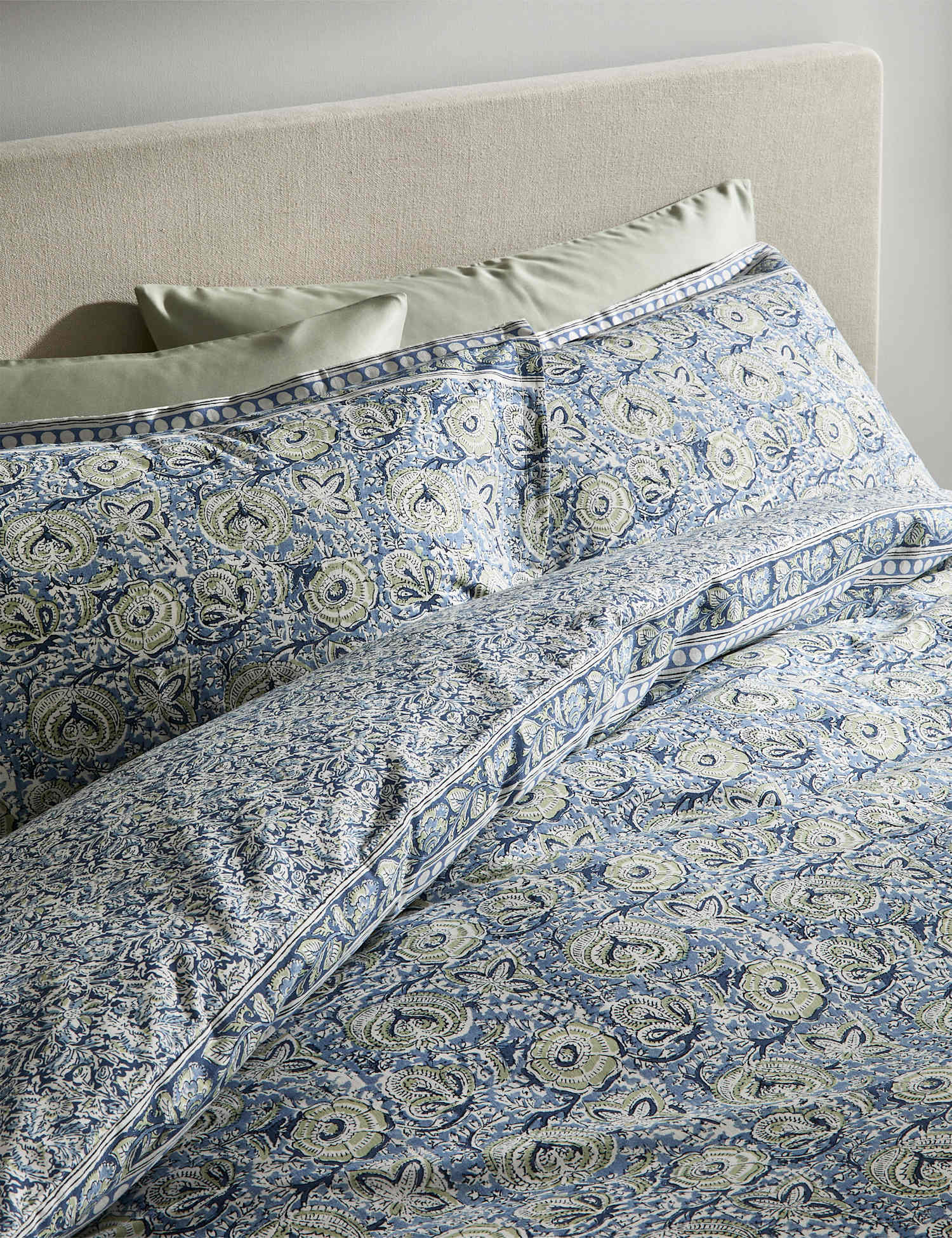 M&S Pure Cotton Floral Woodblock Bedding Set Blue Mix