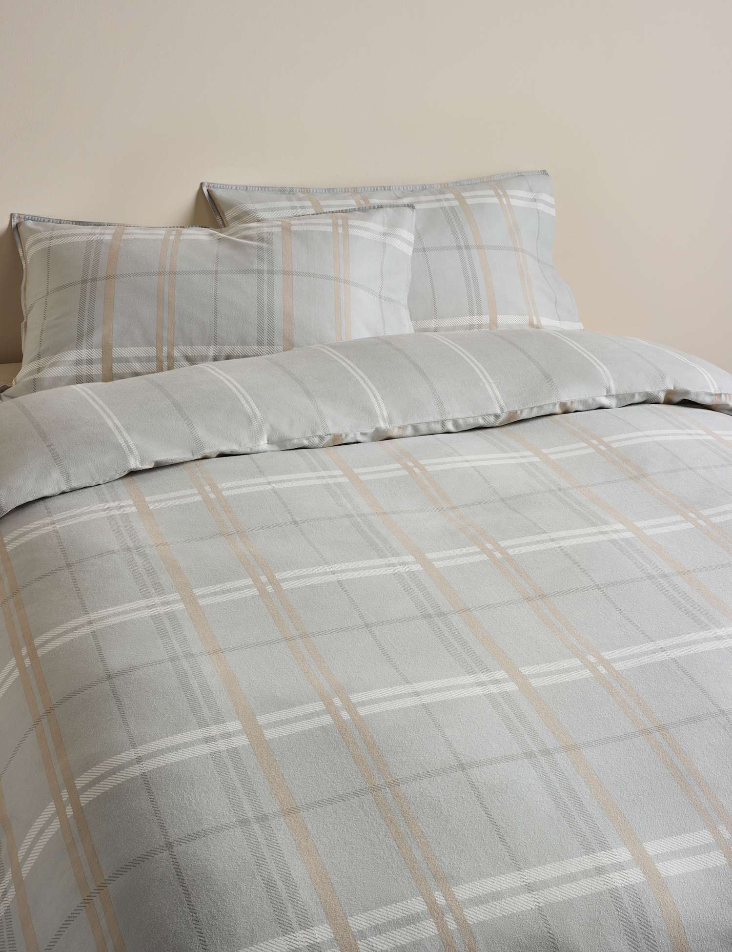 M&S Brushed Cotton Check Reversible Bedding Set Dove