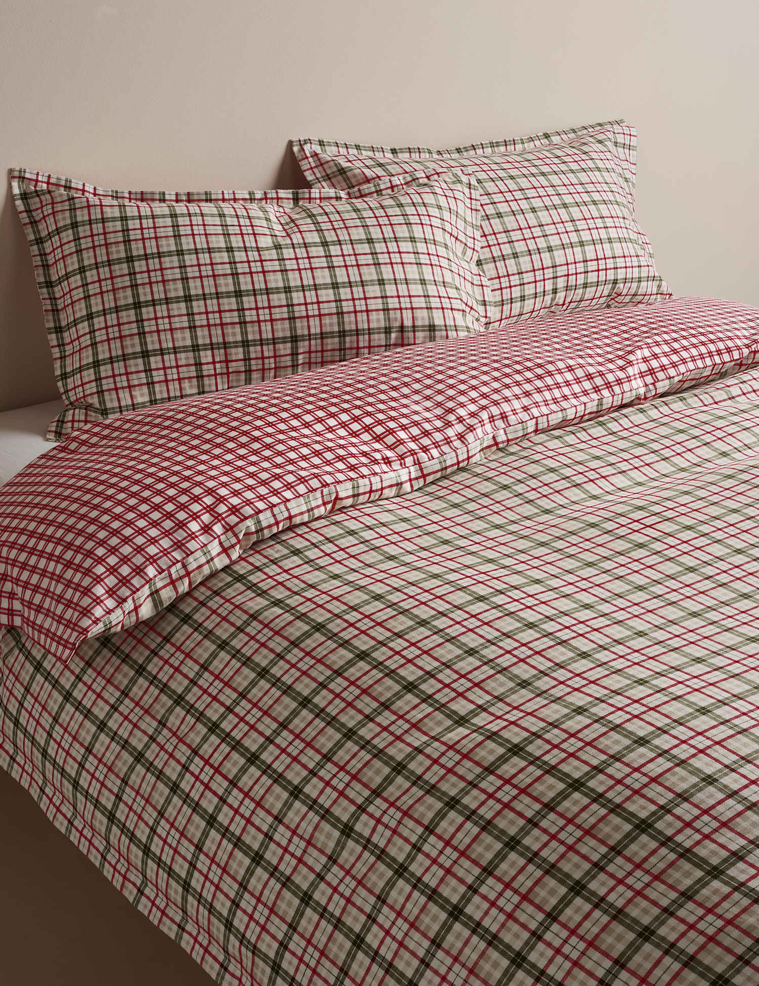 M&S Brushed Cotton Checked Reversible Bedding Set Green Mix
