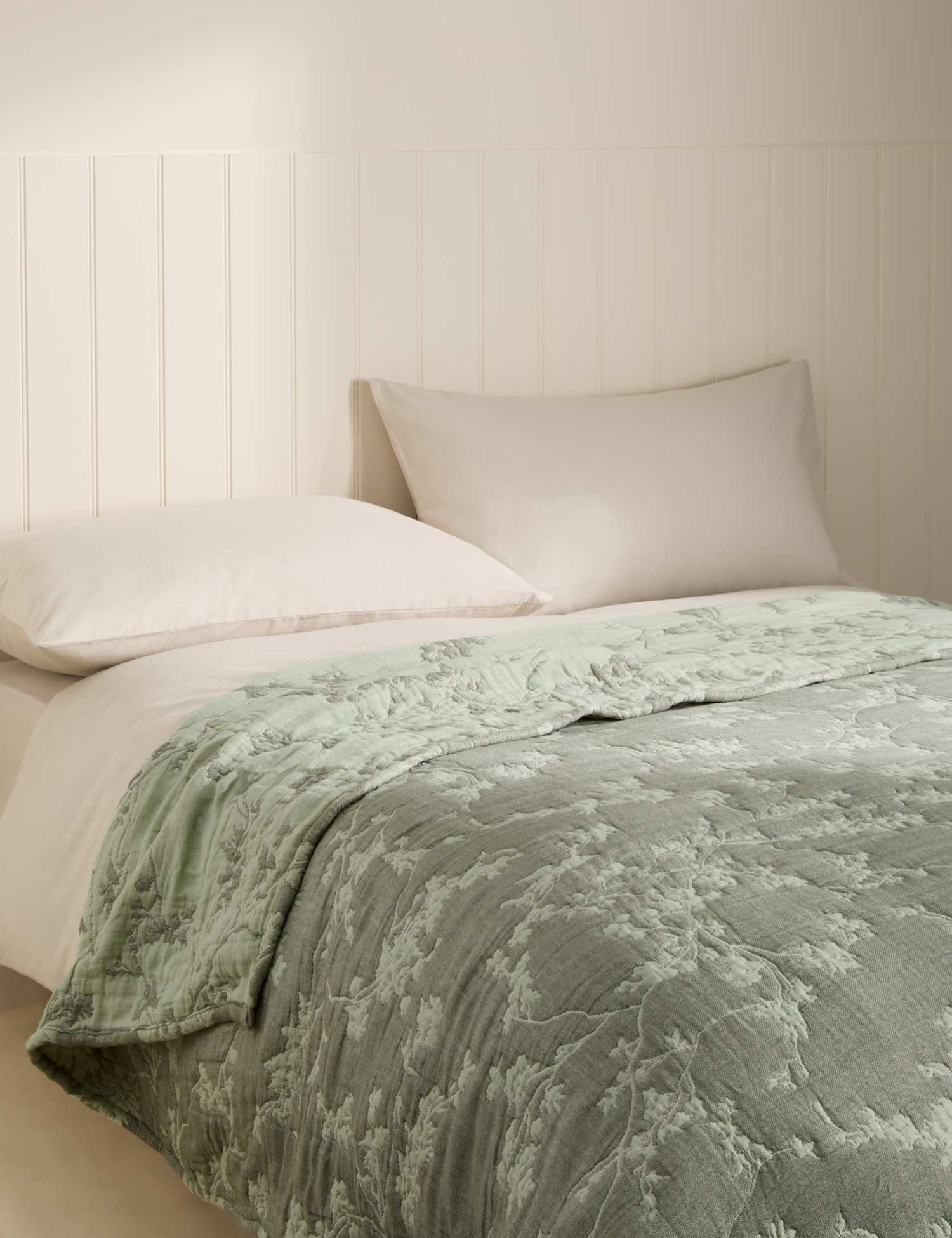 M&S Pure Cotton Floral Jacquard Bedspread Green