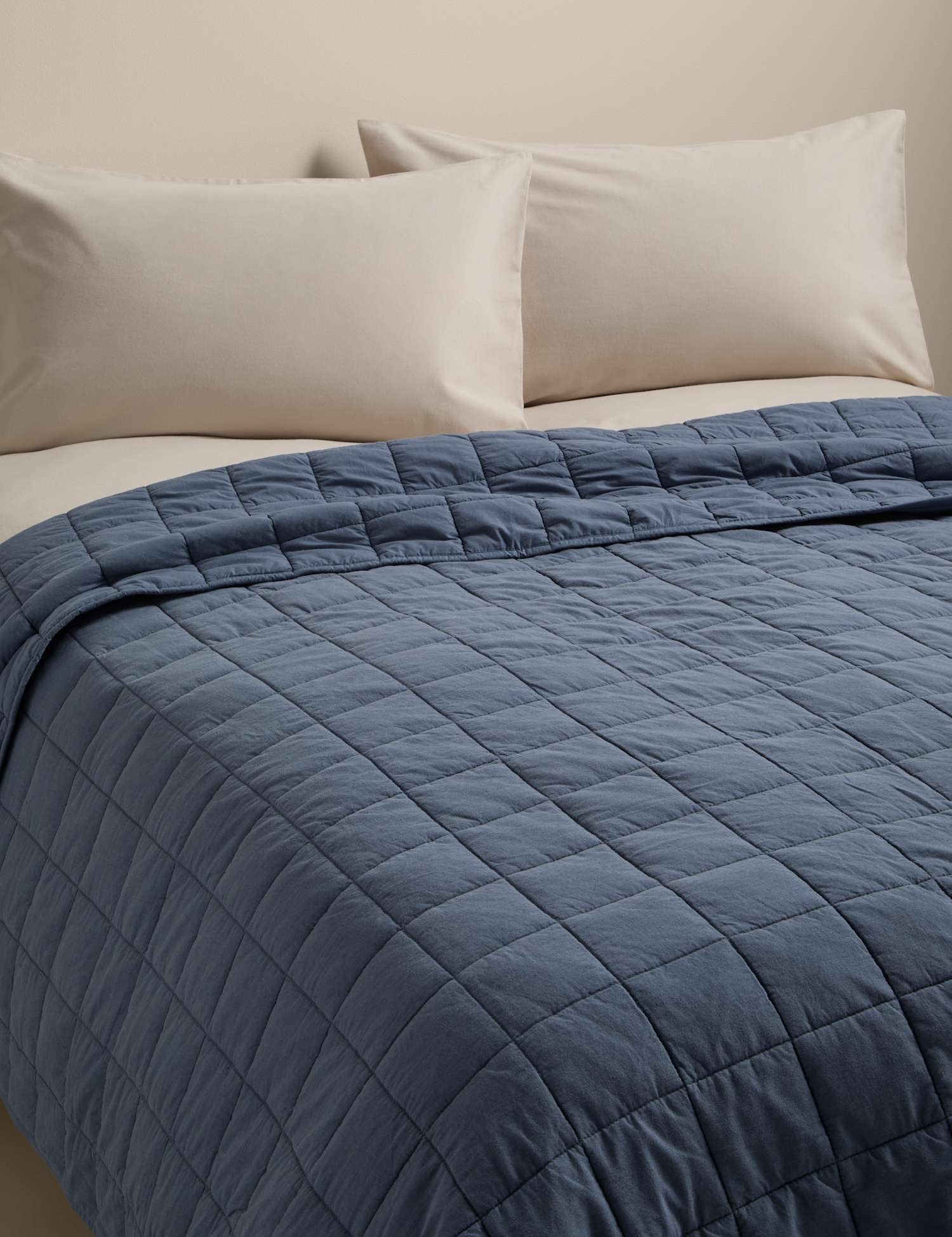 M&S Cotton Rich Quilted Bedspread with Linen Slate Blue