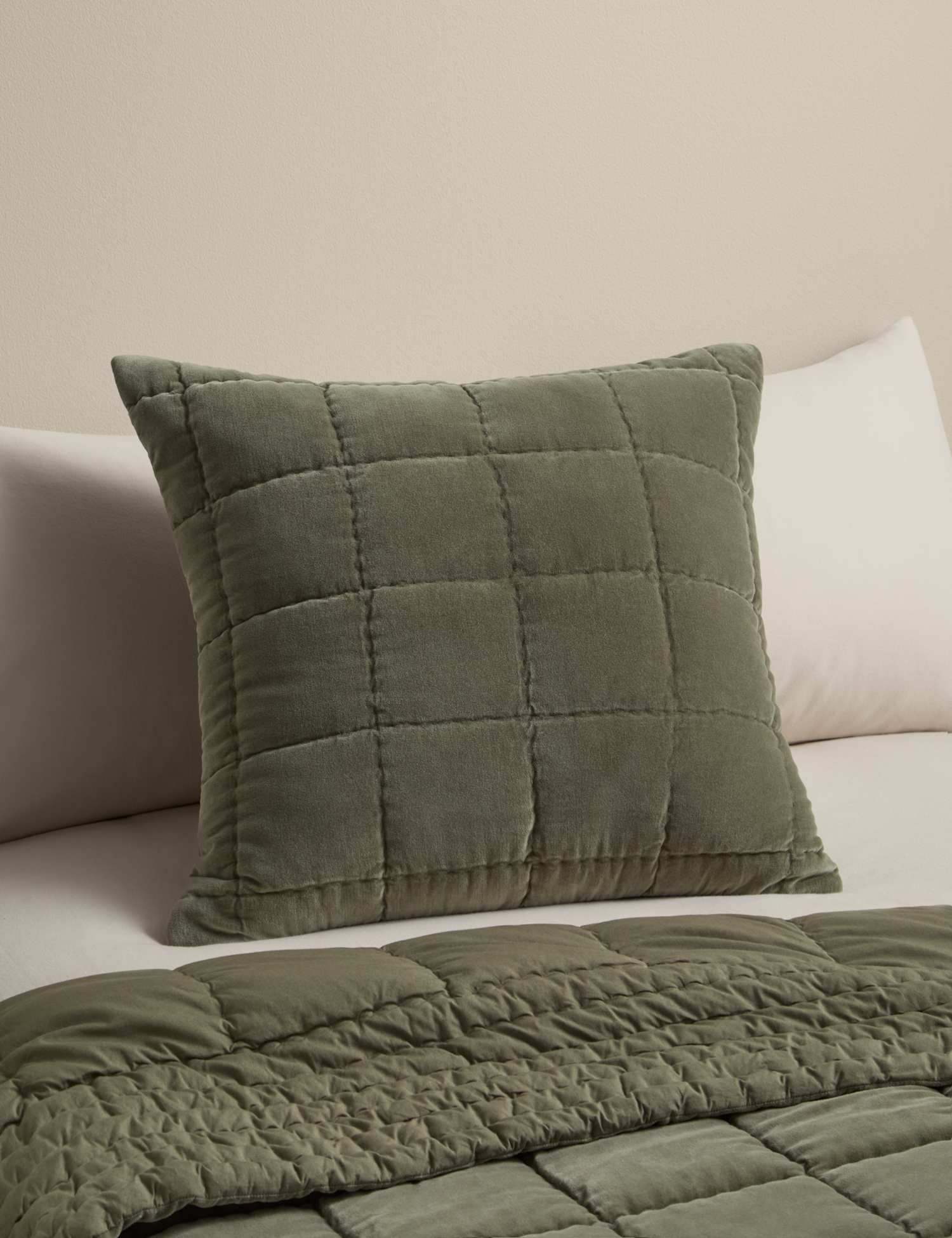 M&S Pure Cotton Velvet Quilted Cushion Khaki