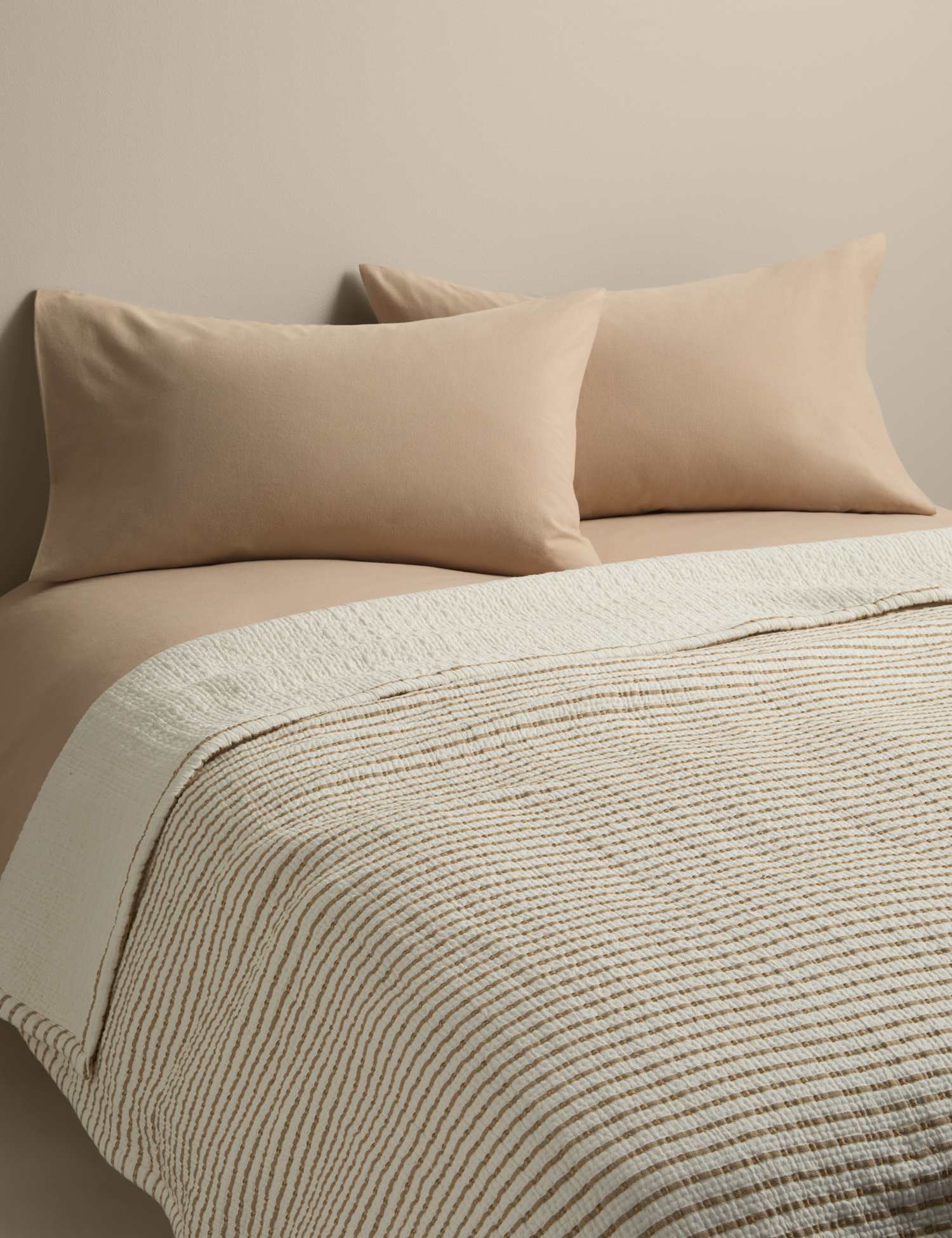 M&S Cotton Rich Striped Matelasse Bedspread Biscuit