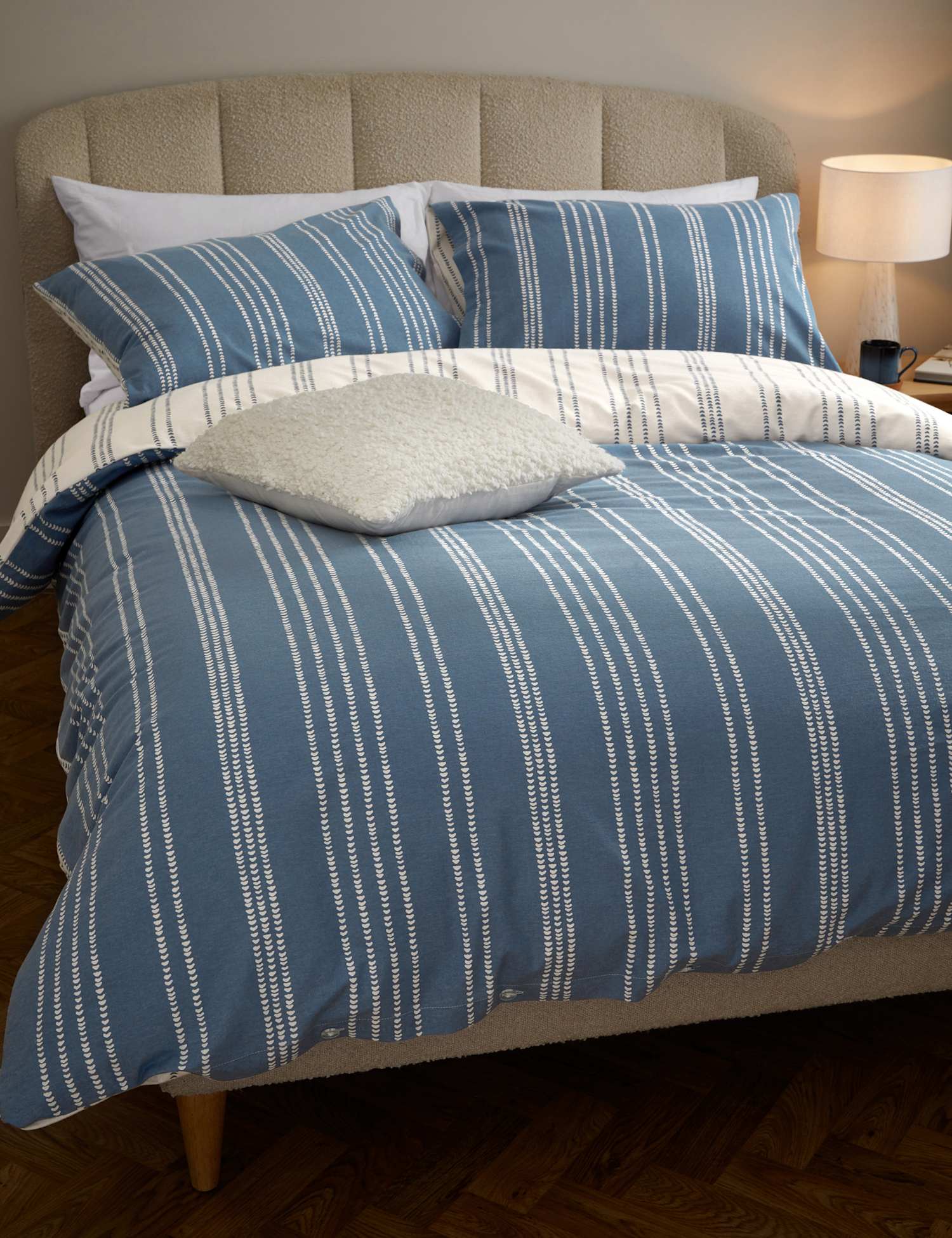 M&S Pure Brushed Cotton Stripe Bedding Set Slate Blue