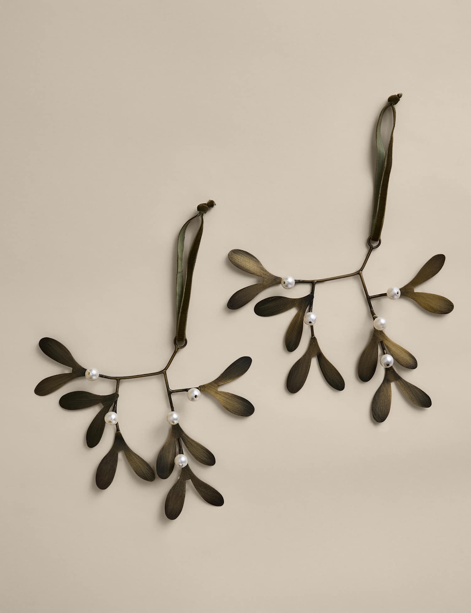 M&S Set of 2 Metal Mistletoe Baubles Antique Brass