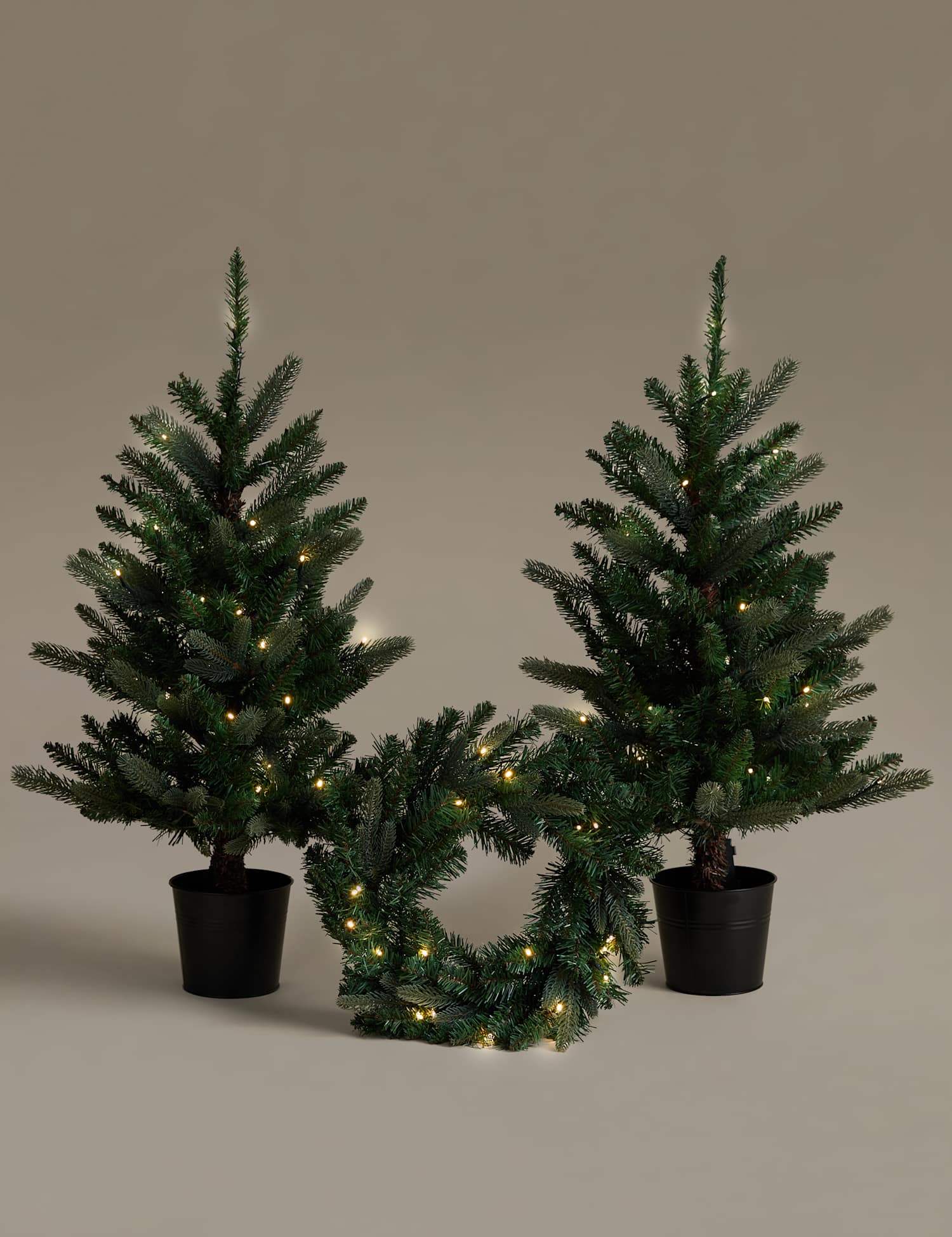 M&S Set of 3 Light Up Artificial Tree & Wreath Decorations Green Mix