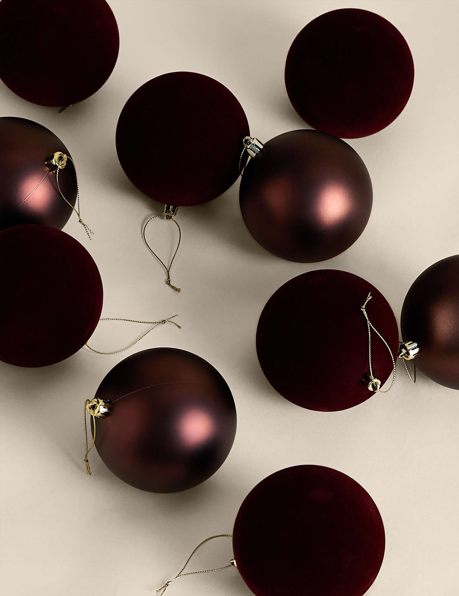 M&S 10 Pack Flocked Oversized Shatterproof Baubles Brown Mix
