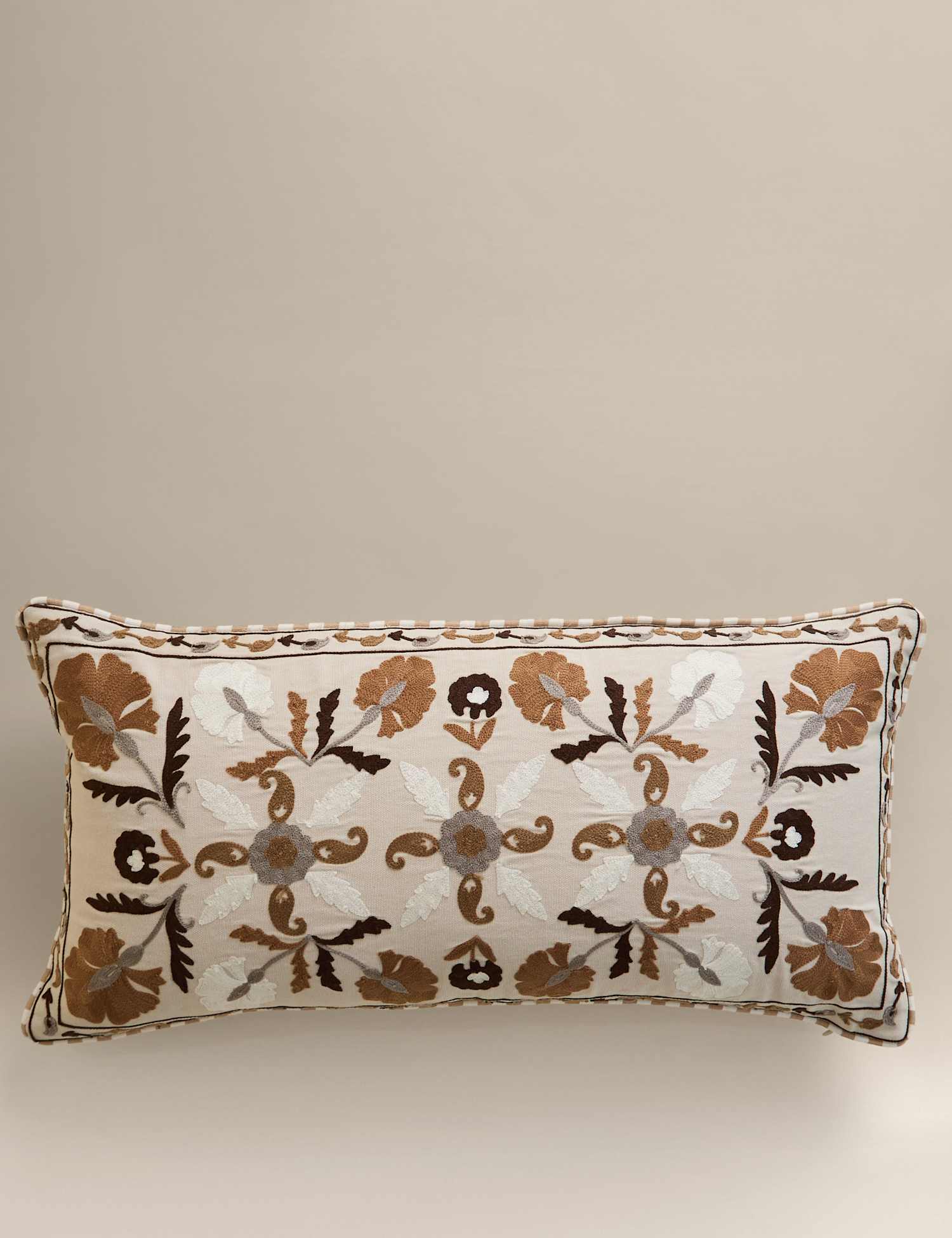 M&S Pure Cotton Embroidered Floral Bolster Cushion Natural Mix