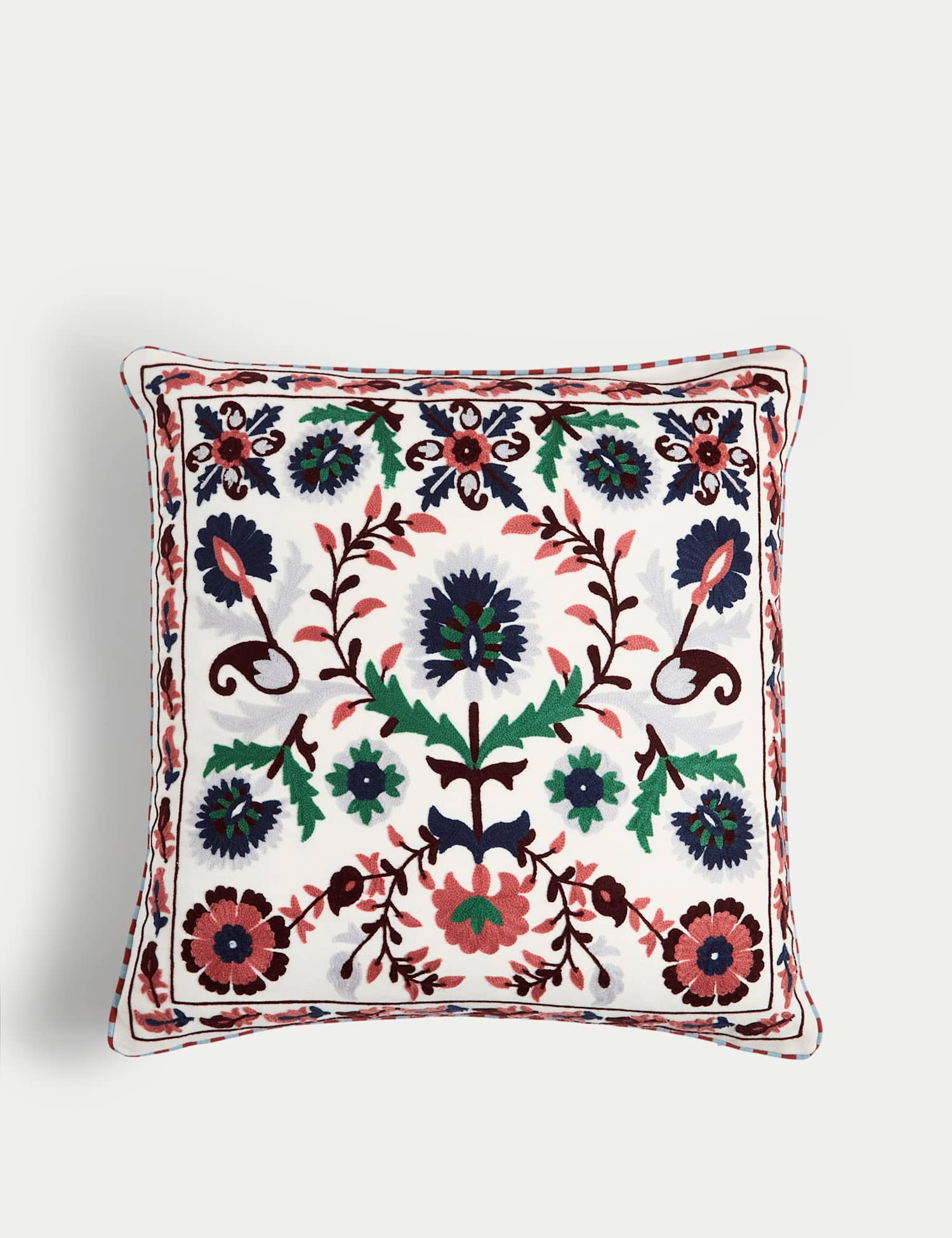 M&S Pure Cotton Embroidered Floral Cushion Green Mix