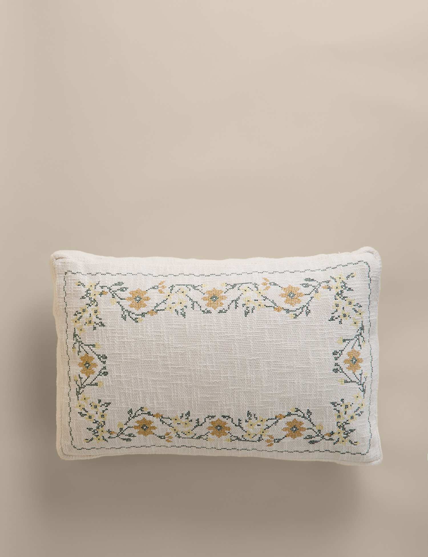 M&S Pure Cotton Floral Stitch Box Cushion Natural Mix